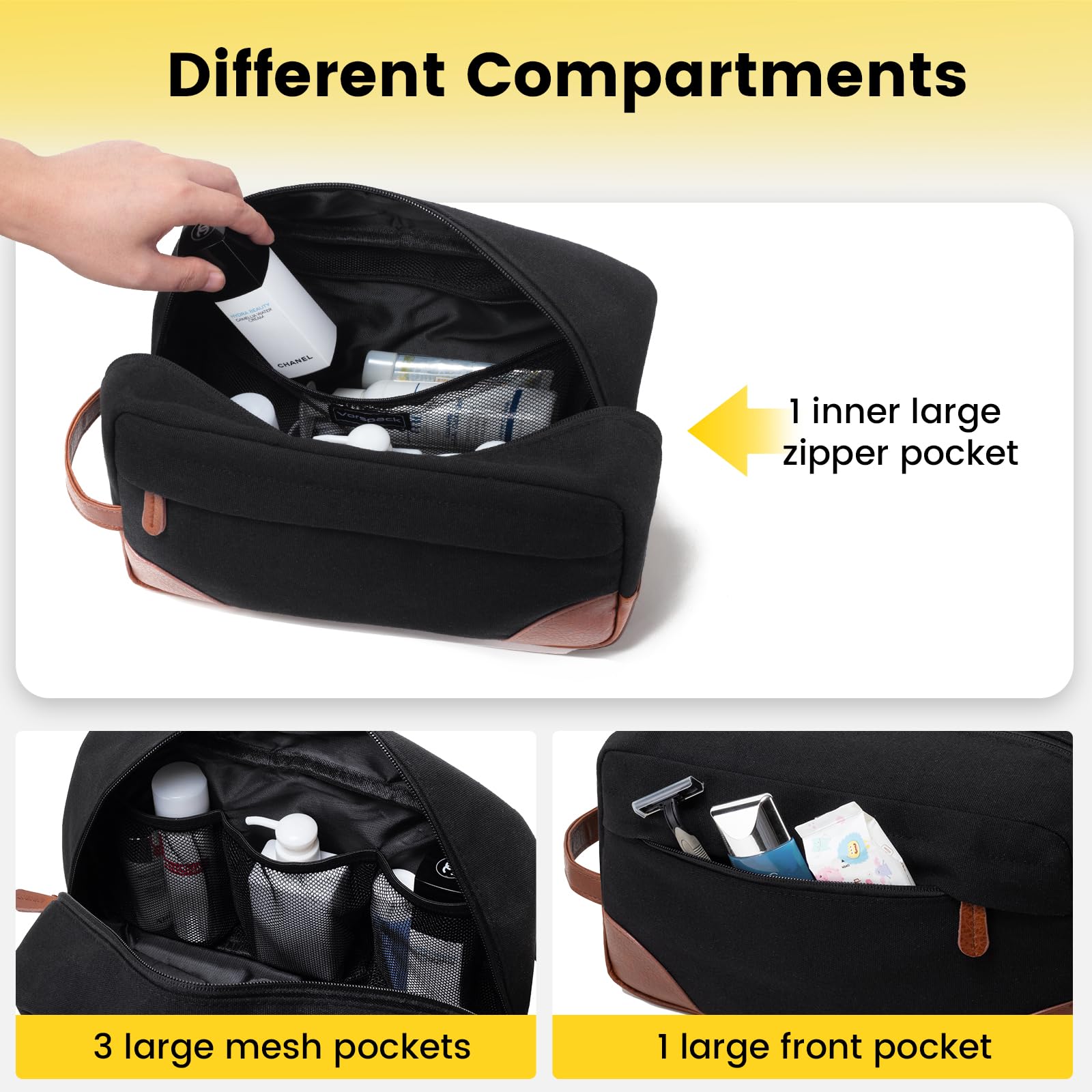 Vorspack Large Waterproof Hanging Toiletry Bag for Men - Travel Shaving Dopp Kit with Spacious Capacity, Durable Canvas Material (Black) - Perfect for Business Trips, Camping & Gym Essentials Organization