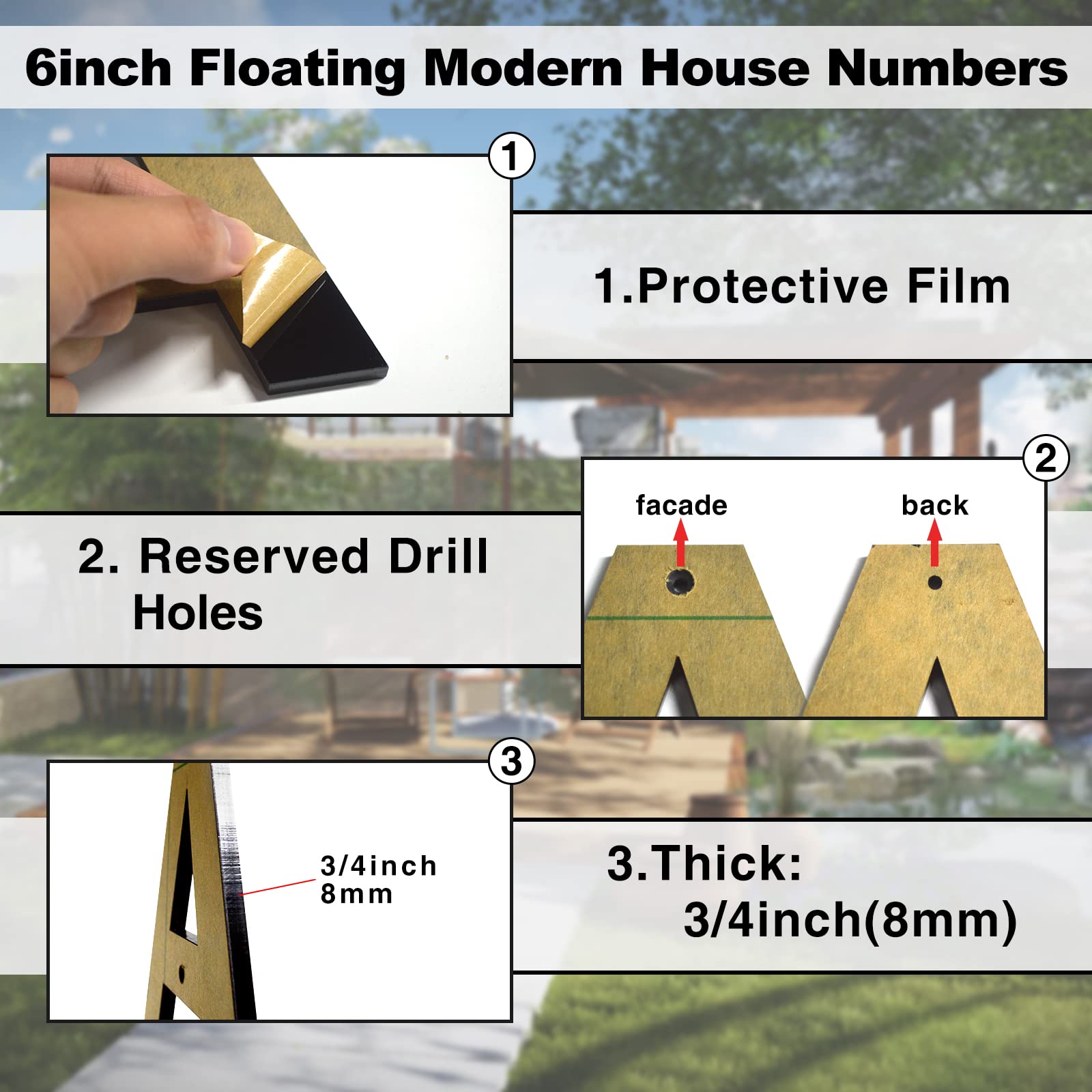 6 Inch Modern Floating House Numbers - Black Address Sign for Outdoor, Garden, Mailbox, Door Decor with Nail Kit (Set of 9) | Weatherproof & Easy to Install for Home, Office, Apartment Exterior