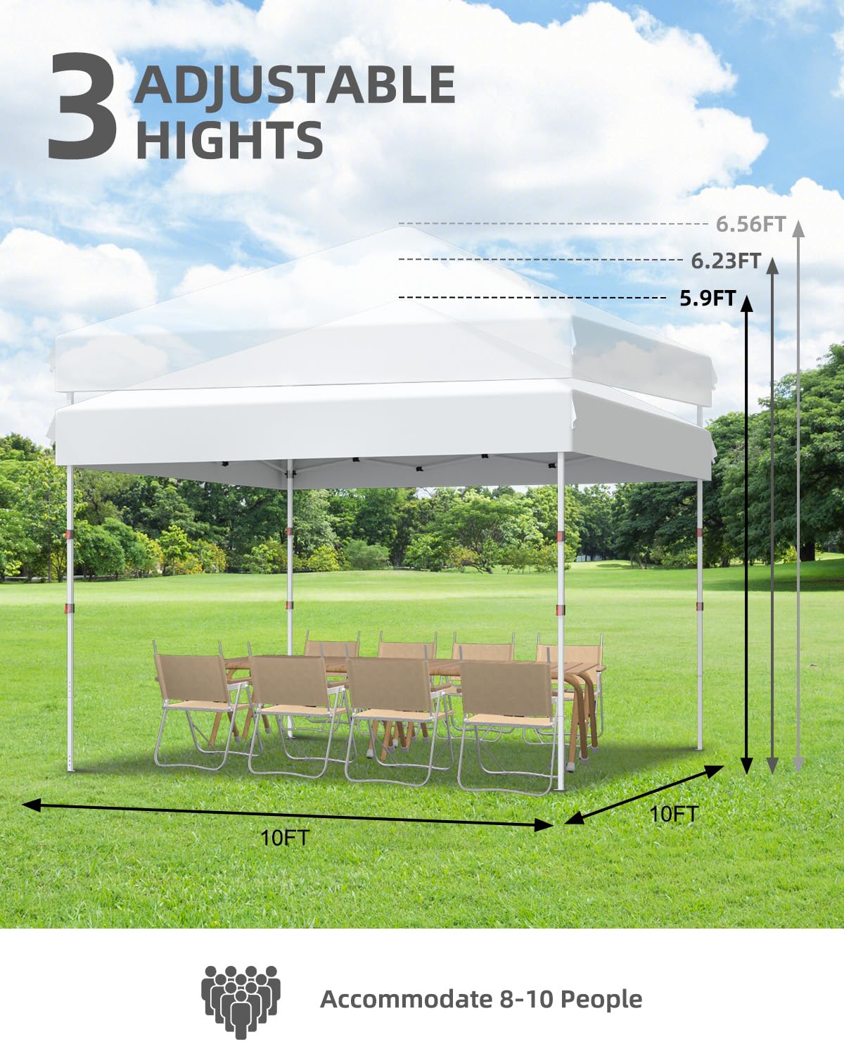 10x10 Pop Up Canopy Tent - Instant One-Button Setup Portable Shelter with Carry Bag - Adjustable Height 3 Positions & 4 Sandbags - Perfect for Camping, Beach, Backyard Parties, Sports Events, and Outdoor Gatherings - White