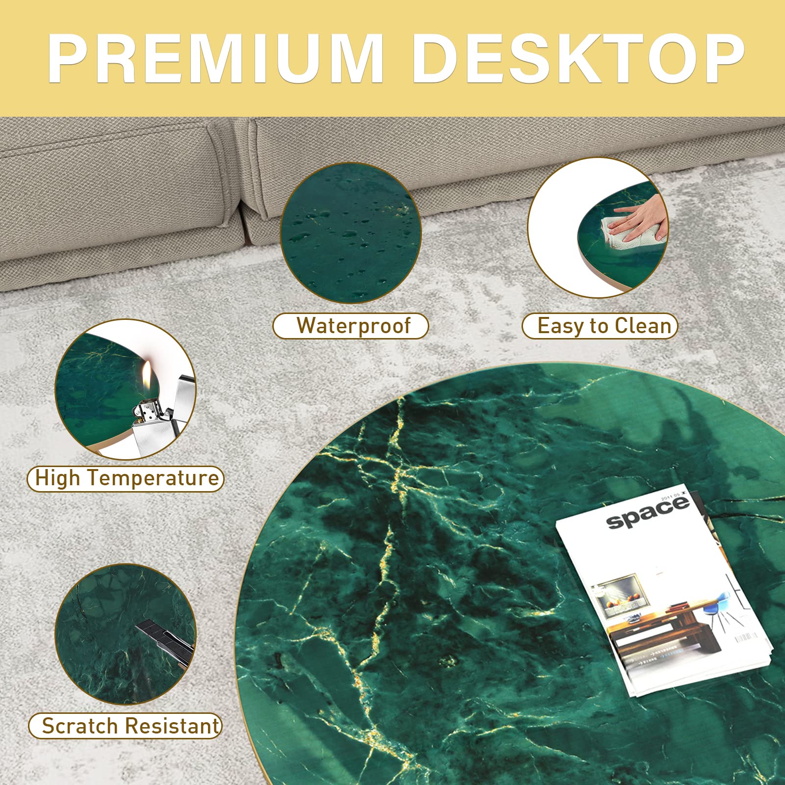 Round Coffee Table with Green Faux Marble Top - Modern Living Room Centerpiece for Small Spaces & Apartments