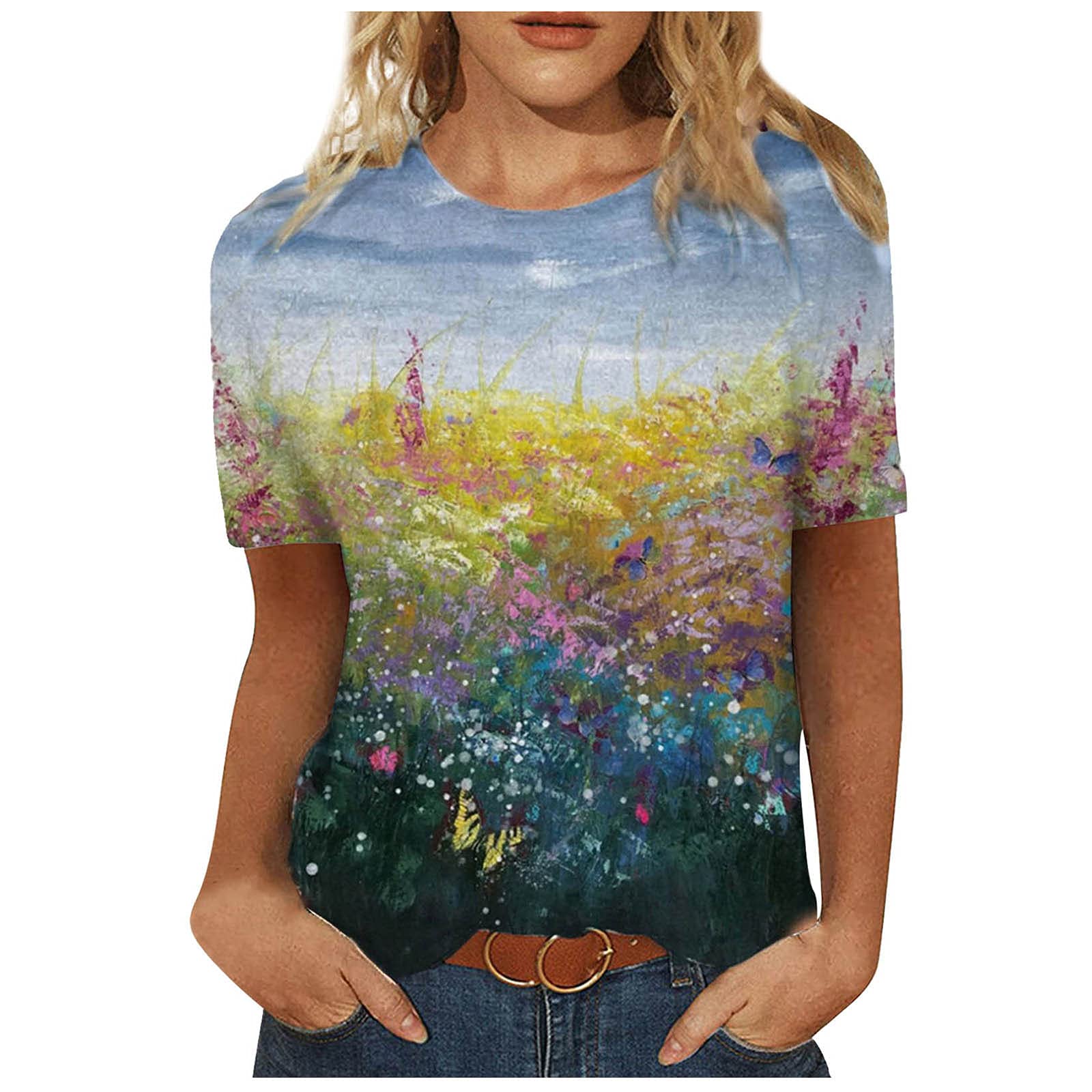 Women's Short Sleeve Casual T-Shirt - Cute Printed Round Neck Loose Pullover Blouse for Summer | Perfect for Beach Outings, Picnics, and Everyday Wear