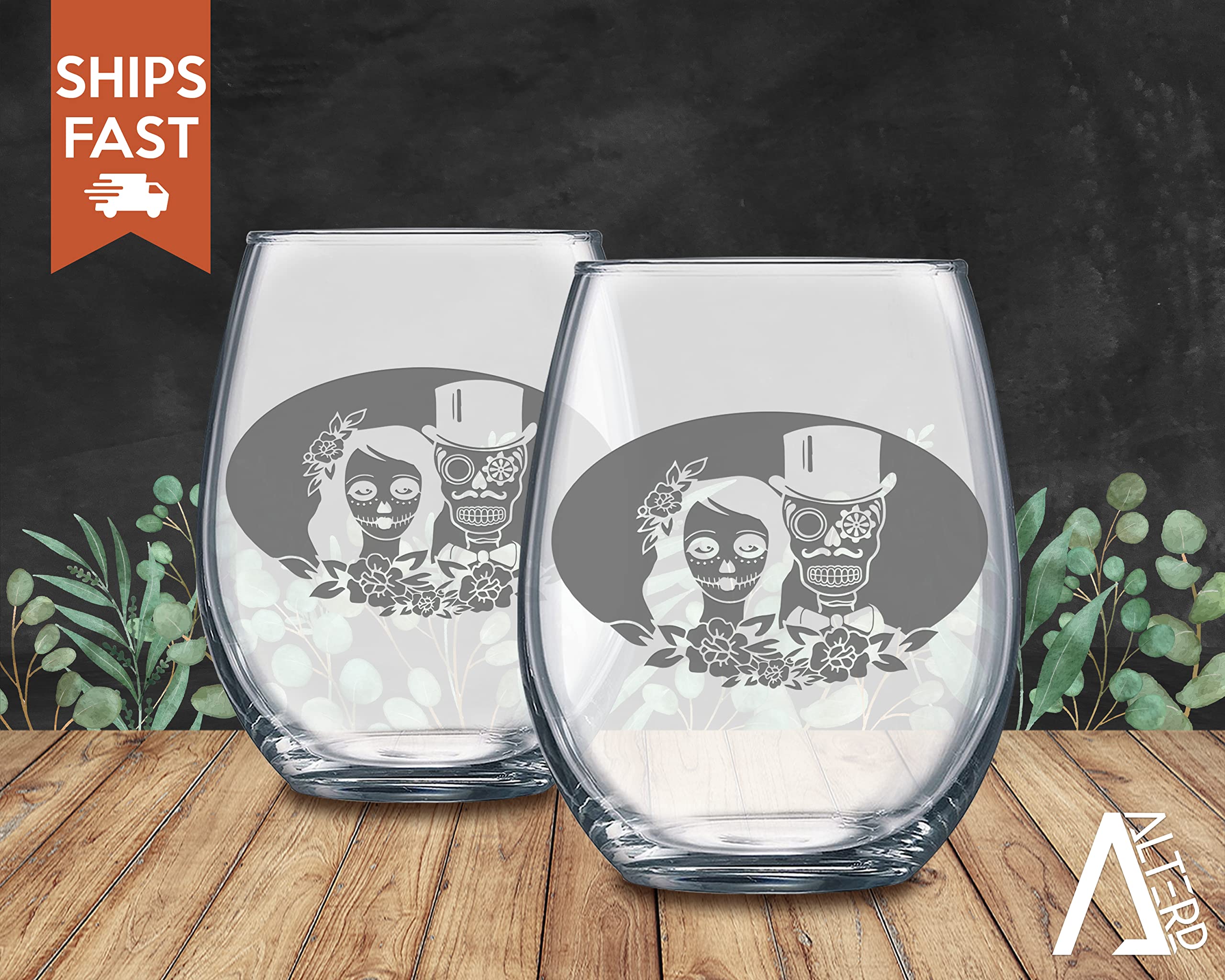 Alterd Industries Skull Gifts - Engraved Día De Los Muertos Toasting Glasses for Weddings, Sugar Skull Bride & Groom Cups - Perfect for Halloween Parties, Mexican Celebrations & Unique Gift Giving