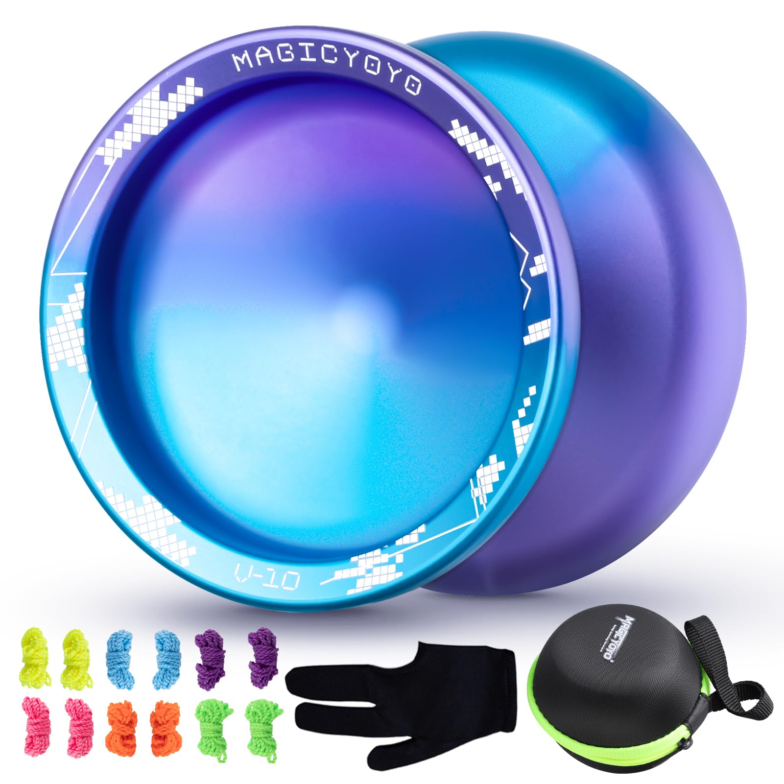 Shungru JoJo V10 Yo-Yo for Kids & Adults - Professional Aluminum Alloy Finger Spin Trick Yo-Yo with 12 Strings, Carrying Case & Glove - Perfect for Beginners, Competitions & Skill Practice
