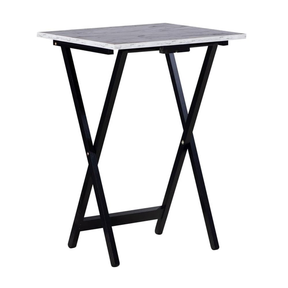 5-Piece Faux Marble & Wood Folding Tray Table Set with X-Legs & Storage Stand - White & Black Finish - Perfect for Living Room, Bedroom & Small Space Decor