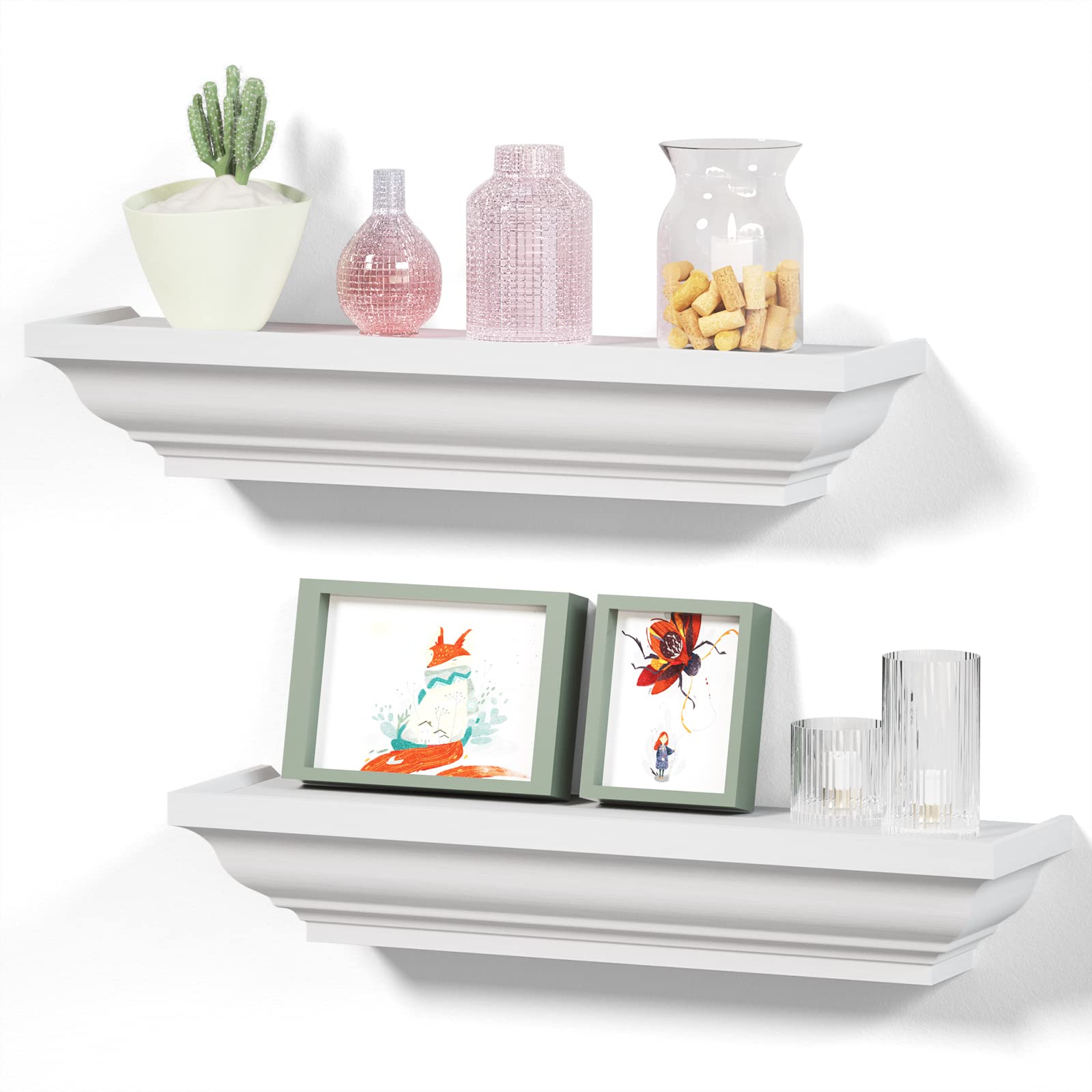 Alsonerbay Floating Shelves - Set of 2 White Rustic Wall Shelves (17 Inch) for Bedroom, Living Room, Bathroom - Perfect for Displaying Decor, Books, and Plants