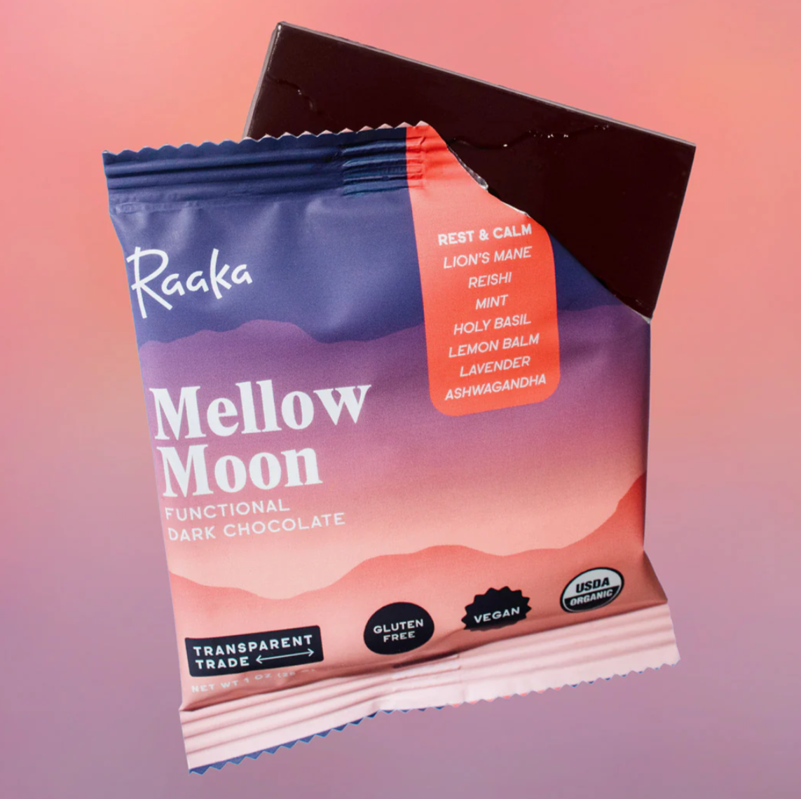 Raaka Organic Dark Chocolate Bar 64% Cacao - Mellow Moon Flavor - Vegan, Gluten-Free, Non-GMO - Perfect for Gifts, Desserts & Healthy Snacking