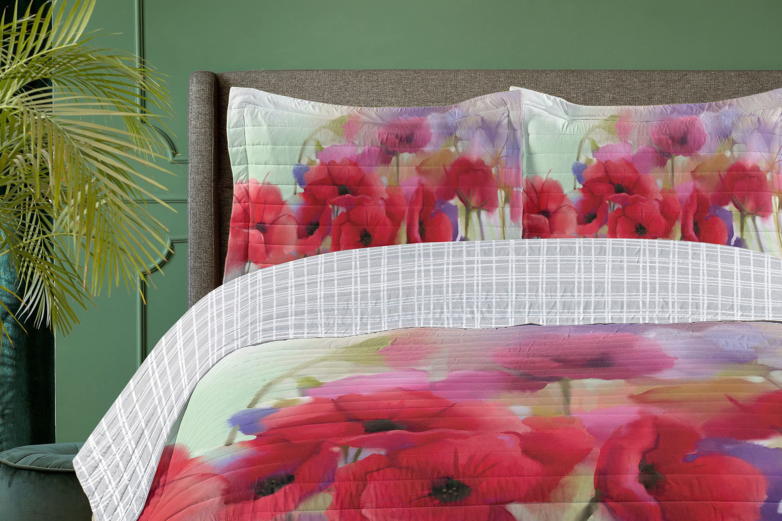 Ambesonne Reversible King Size Bedspread Set - Poppy Flowers Spring Floral Print Microfiber Comforter with Pillow Shams (Lavender Red) | Romantic Bedroom Decor, Seasonal Home Upgrade