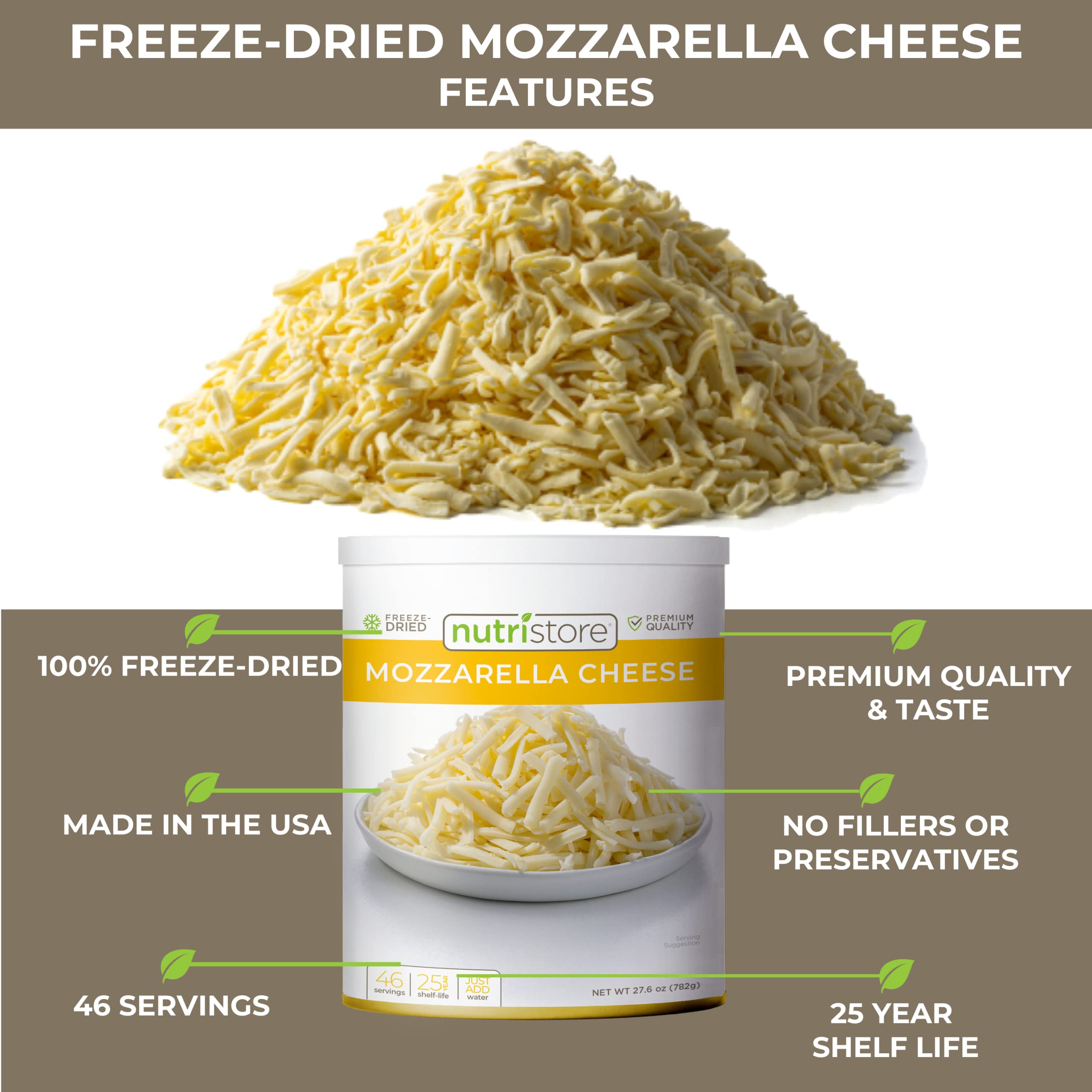 Nutristore Freeze Dried Mozzarella Cheese Shreds - 20 Servings | Premium Quality, Great Taste | Perfect for Camping, Hiking & Emergency Food Storage | Long Shelf Life Survival Food for Outdoor Adventures & Prepping