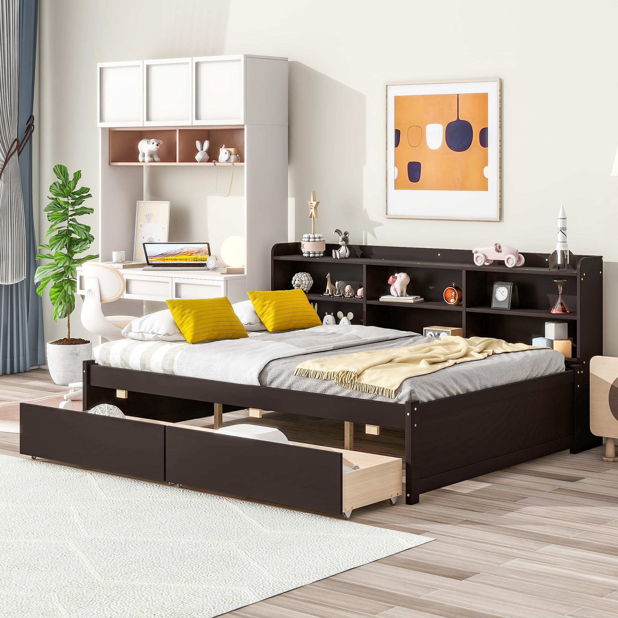 Full Size Captain Bed with 2 Storage Drawers & Side Bookcase - Wooden Day Bed Frame for Kids, Teens, Boys & Girls - No Box Spring Needed - Espresso Finish - Perfect for Bedrooms, Dorms & Small Spaces