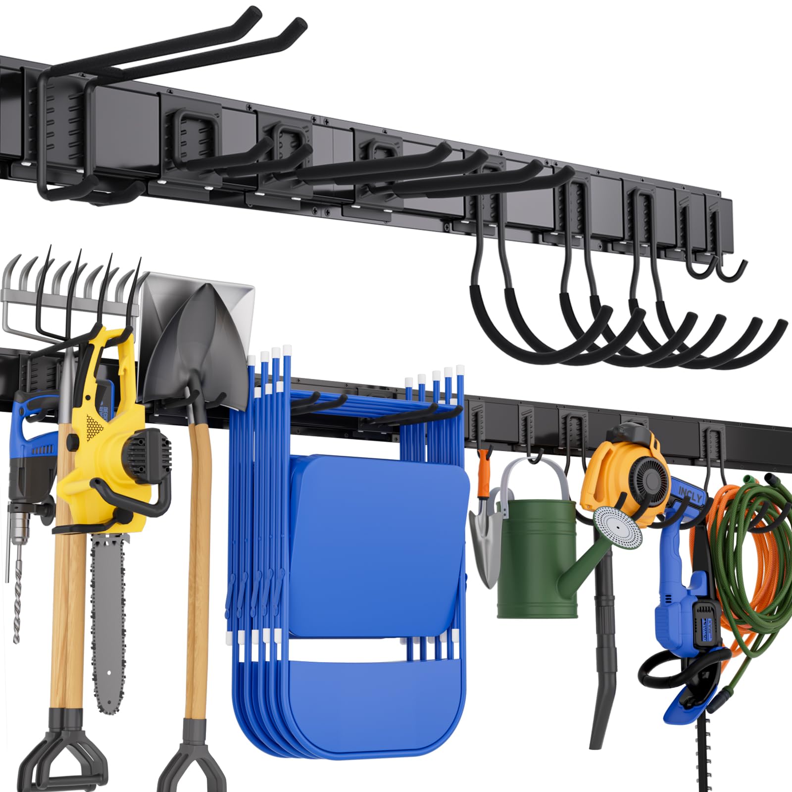 INCLY 64-Inch Heavy Duty Garage Wall Organizer with 4 Storage Racks & 9 Adjustable Hooks - Holds 480lbs for Yard Tools, Shovels, Rakes - Perfect for Garage, Shed & Workshop Organization