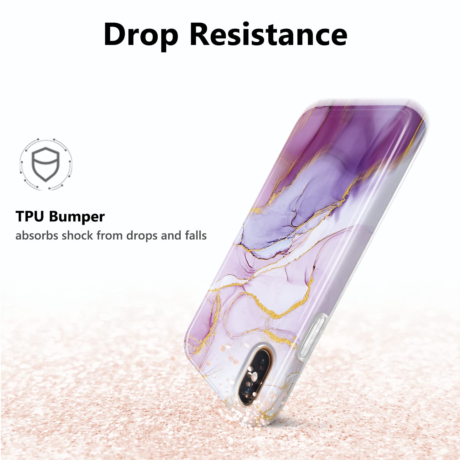 JIAXIUFEN iPhone X/Xs Case - Gold Sparkle Glitter Marble Slim Shockproof TPU Soft Silicone Cover (Purple Pink) | Protective Phone Case for Women, Girls | Perfect for Daily Use, Work, Travel & Gift Giving