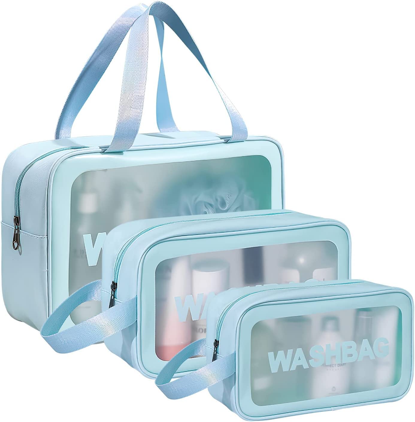 QBLYN 3-Piece Waterproof Makeup Organizer Set | Travel Toiletry Bag for Women | Cosmetic Storage Pouch for Bathroom & Vanity | Perfect for Home, Gym, Vacation & Business Trips (Blue)