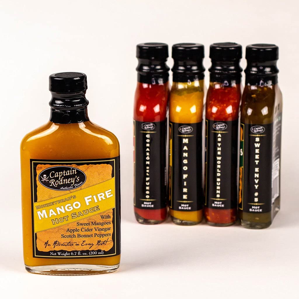 Captain Rodney's Mango Fire Hot Sauce - Spicy Mango Habanero Pepper Sauce - Gourmet Hot Sauce for Tacos, Wings & Seafood - 5oz Bottle
