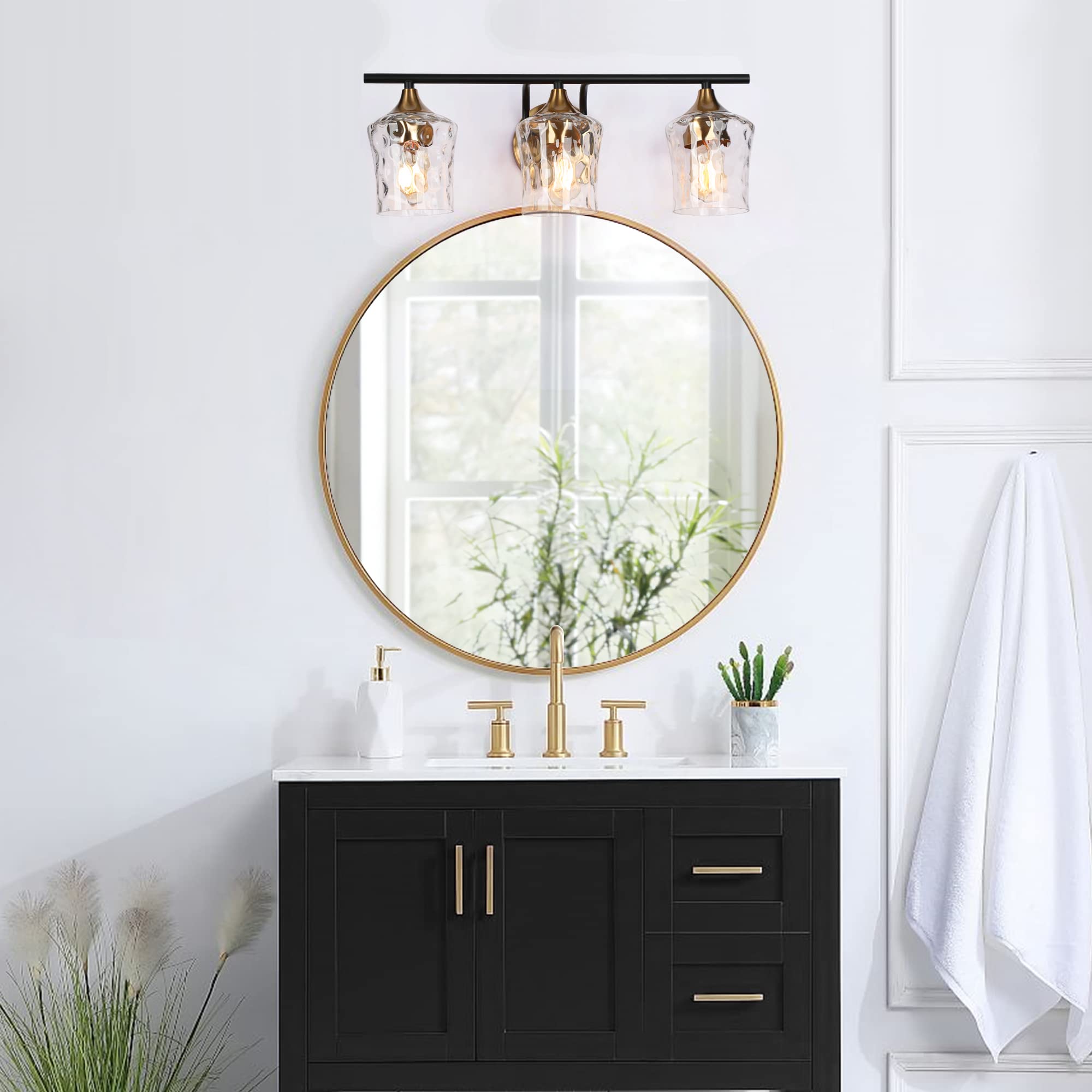Durent Lighting Bathroom Vanity Light Fixtures - Black & Brass 3-Light Bathroom Sconce with Water Ripple Glass & Electroplated Finish for Modern Bathroom Decor | Perfect for Bathroom Mirror Lighting, Powder Room, and Master Bath Renovation