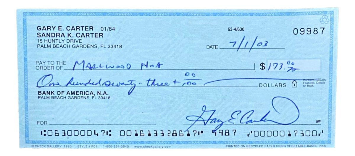 Gary Carter Montreal Expos Autographed Signed Bank Check #9987 - Rare Collectible Memorabilia for Baseball Fans & Sports Collectors - Perfect for Framing, Display, and Investment