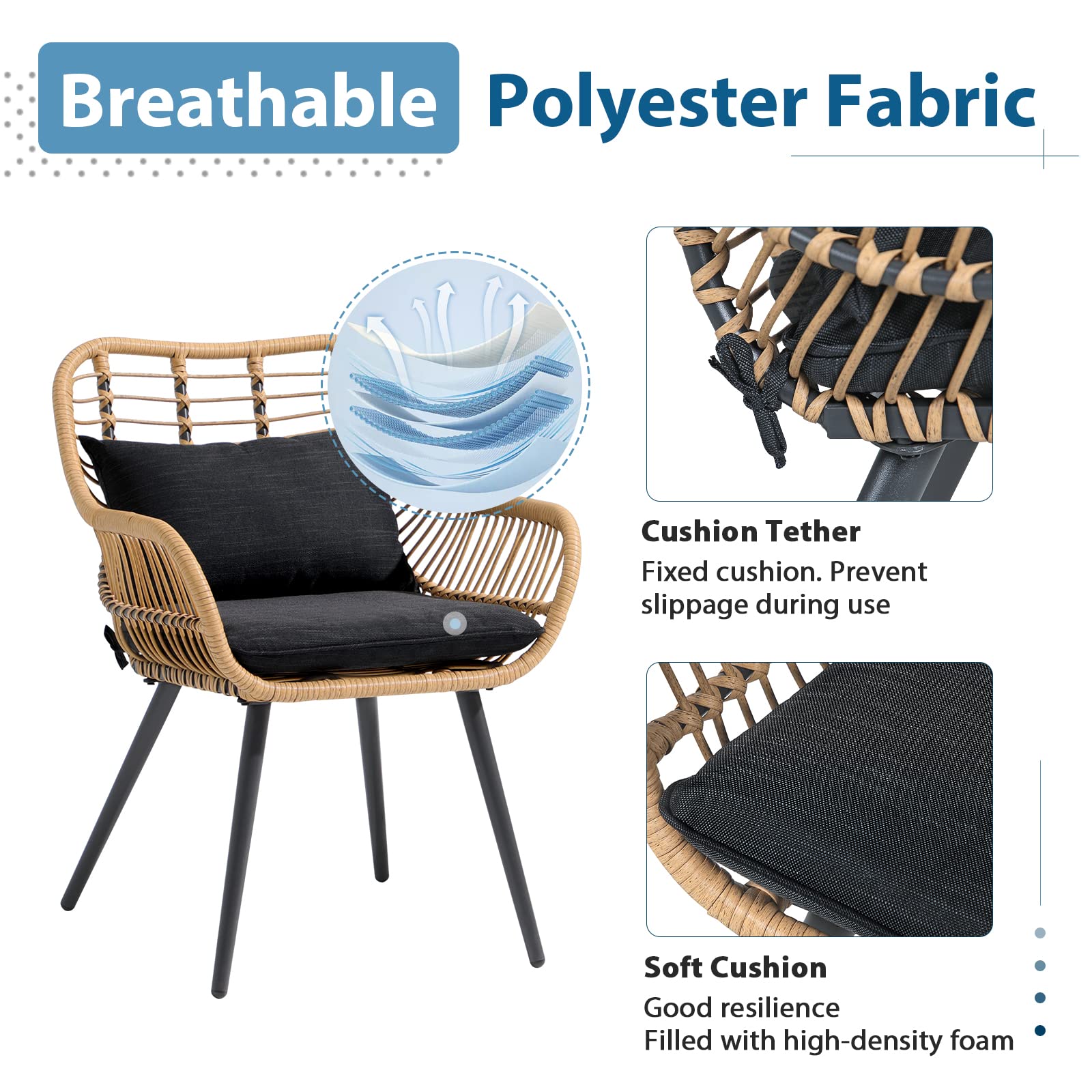 JOIVI 2-Piece Outdoor Wicker Chair Set with Cushions - Rattan Patio Dining Chairs with Armrests & Iron Frame - Weather-Resistant Garden Furniture for Balcony, Porch, Backyard, Poolside & Outdoor Entertaining - Black