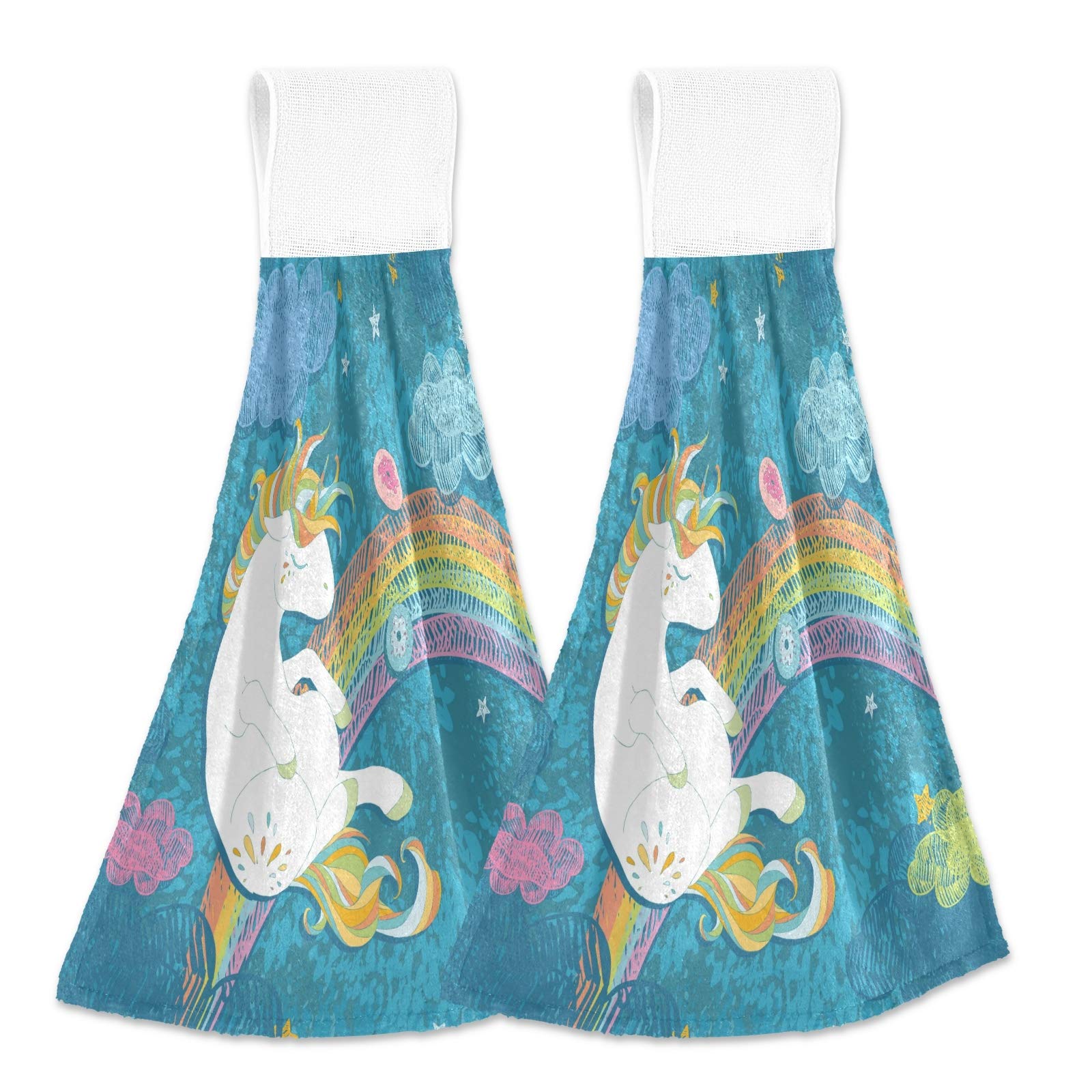 Alaza 2-Pack Cute Unicorn Kitchen Towels - Colorful Rainbow Stars & Clouds Design with Hanging Loop | Absorbent Dish & Tea Towels for Kitchen, Dining & Gift Giving