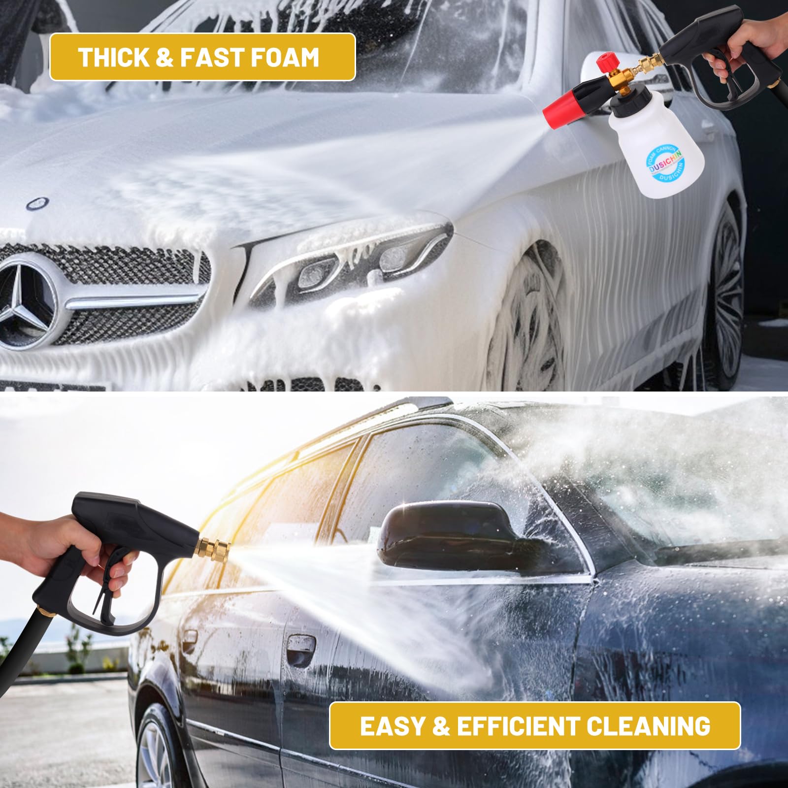 **DUSICHIN Foam Cannon for Pressure Washer - 1L Wide Neck Soap Sprayer with 5 Nozzle Tips & 1.04mm Orifice for Car Washing, Detailing, and Home Cleaning**    *(Use Cases: Perfect for washing cars, trucks, motorcycles, RVs, boats, and outdoor cleaning like patios, driveways, and siding.)*