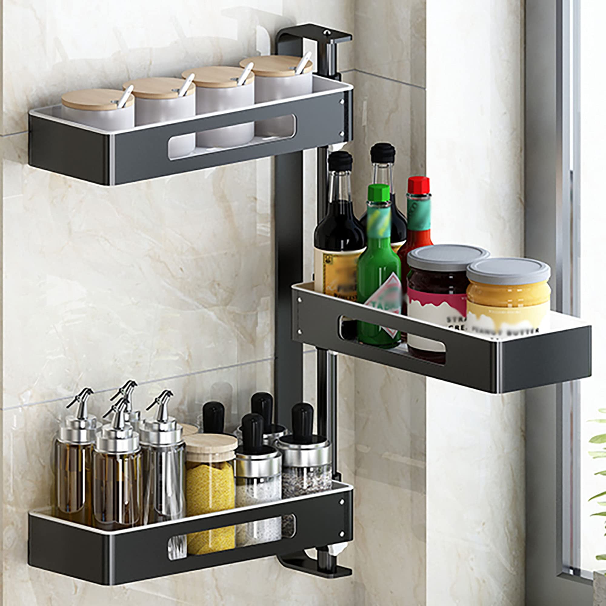 3-Tier Rotating Wall Mount Spice Rack Organizer - Space Saving Spice Shelf for Kitchen, Pantry & Cabinet Storage - Black - Perfect for Small Kitchens & Organized Cooking Spaces