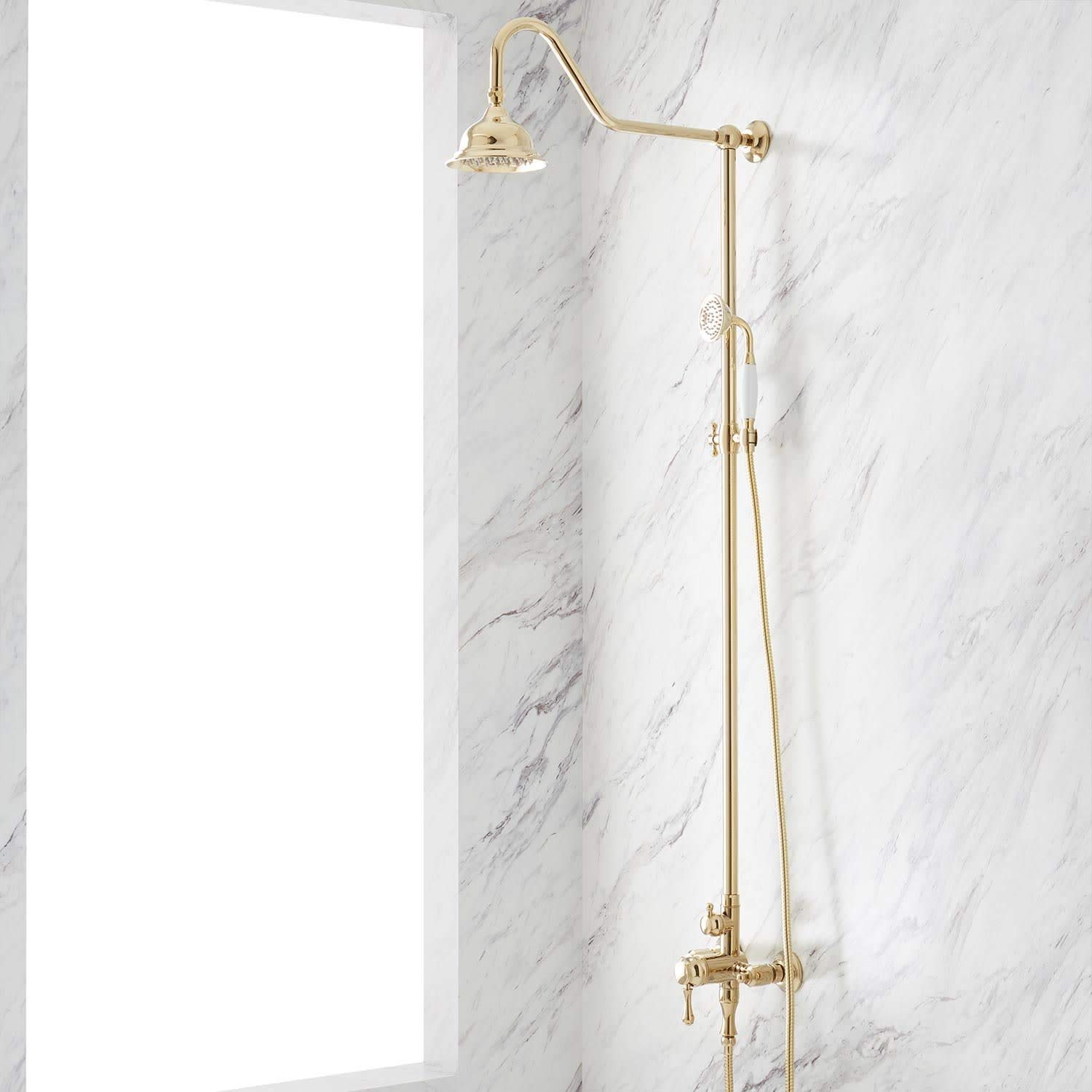Signature Hardware 424432 Alliston Pressure Balanced Shower System with Shower Head & Hand Shower - Polished Brass Finish - Rough-In Valve Included - Perfect for Modern Bathroom Renovations & Spa-Like Shower Experience