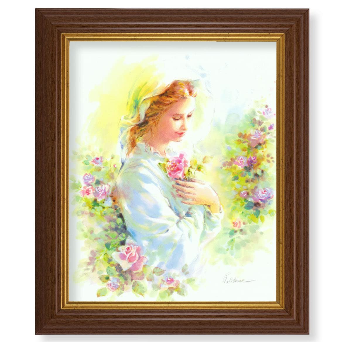 Elegant Mystical Rose Framed Wall Art - Large Traditional Dark Walnut Fluted Frame with Gold Beaded Edge - Perfect for Living Room, Bedroom & Office Decor