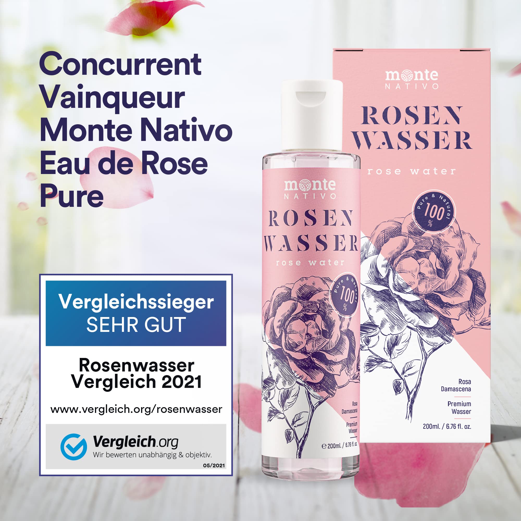 MonteNativo 100% Pure Rose Water - 2x200ml - Natural Rose Hydrosol, Triple Purified, Toning Facial Mist for Glowing Skin | Hydrating, Soothing & Refreshing for Daily Skincare, Makeup Setting & Aromatherapy
