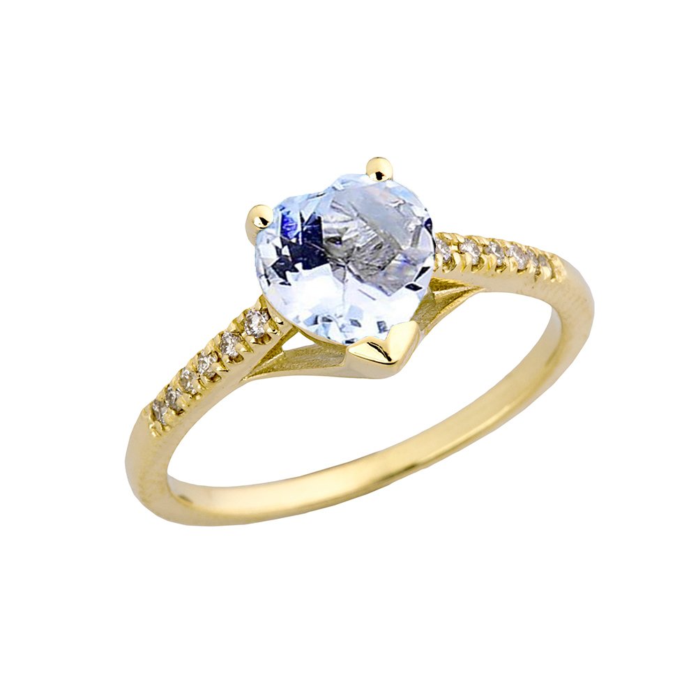 10K Yellow Gold Diamond Solitaire Aquamarine Heart Ring - Elegant Engagement & Proposal Jewelry for Women, Perfect for Valentine's Day, Anniversary & Romantic Gifts