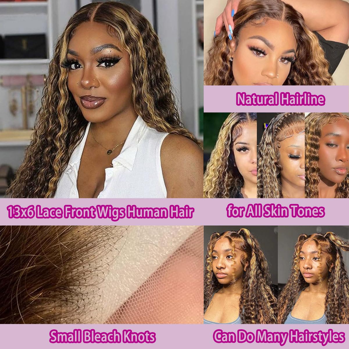 13x6 Highlight Deep Wave Lace Front Wigs Human Hair 210% Density Deep Curly Human Hair Wig Pre Plucked 28inch P4/27 Ombre HD Lace Frontal Wigs for Women - Perfect for Daily Wear, Parties, Cosplay & Special Occasions
