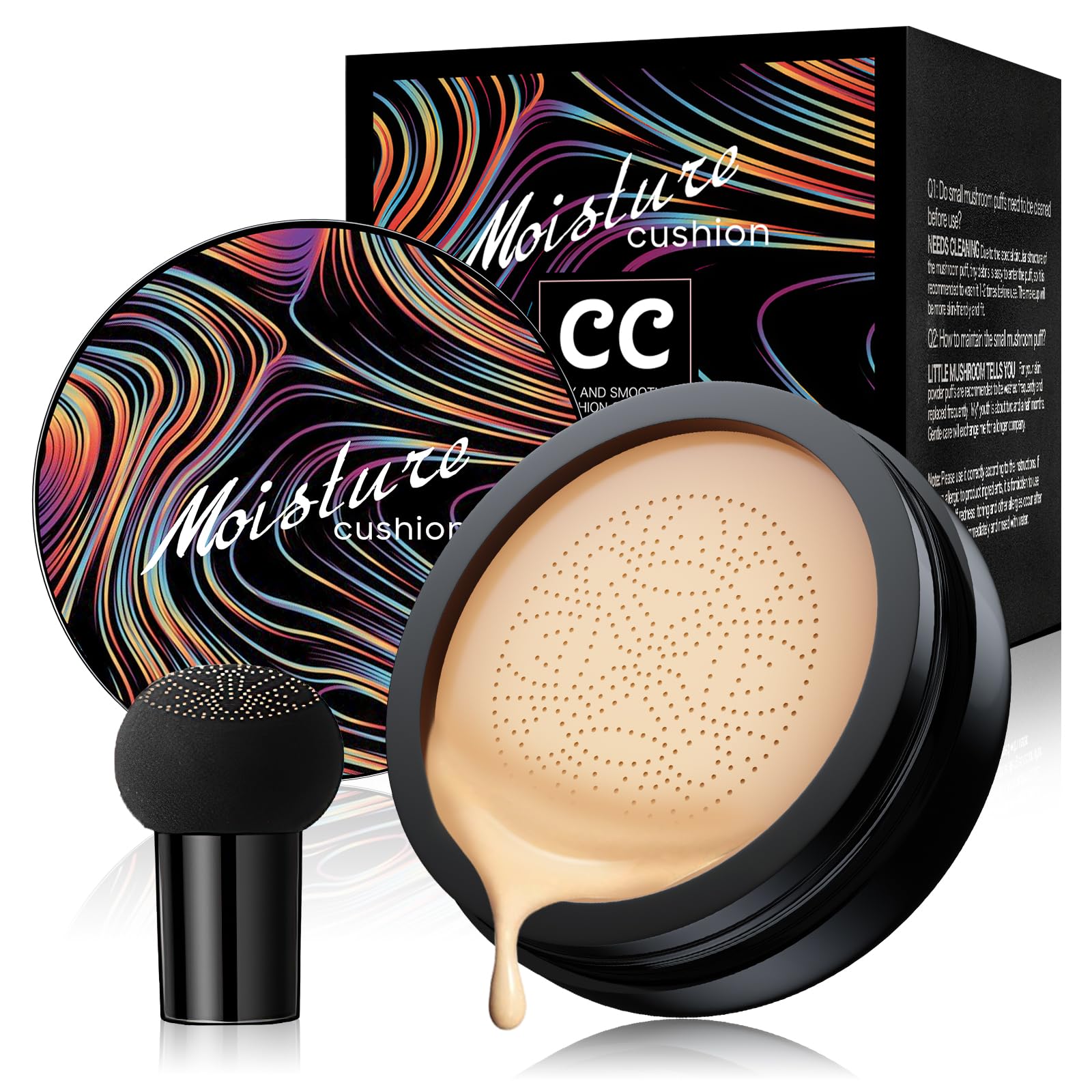 Mushroom Head Air Cushion CC Cream - Long Lasting Matte Concealer & Bright Makeup Base with Collagen | Moisturizing BB Cream Liquid Foundation (3.21oz, Natural) - Perfect for Daily Wear, Photo Shoots & Special Occasions