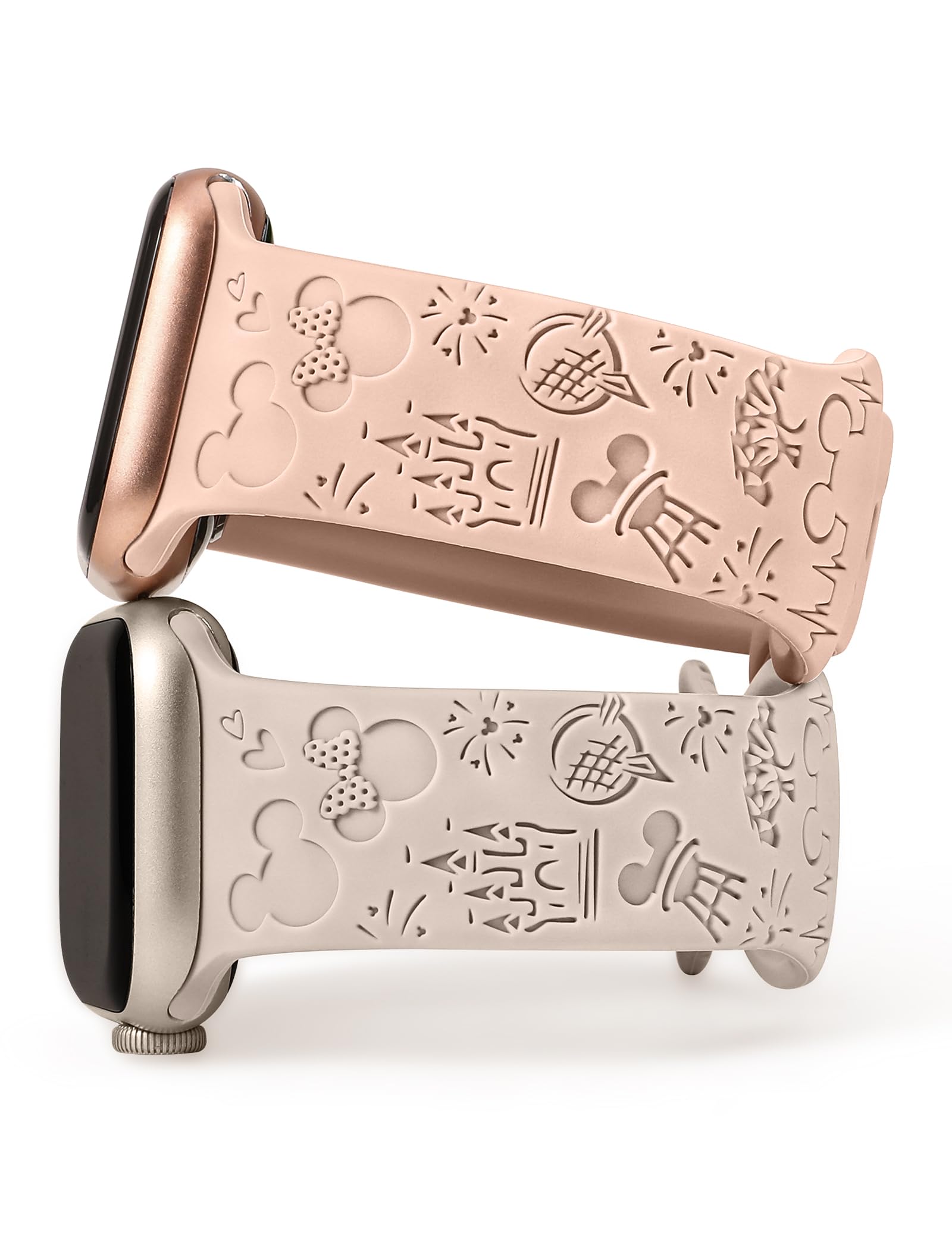 Girovo 2-Pack Cute Cartoon Apple Watch Bands 38mm 40mm 41mm 42mm - Soft Engraved Sport Strap Compatible with iWatch Series 10/9/8/7/6/5/4/3/2/1/SE/SE2 - Pink & Starlight Colors for Women - Perfect for Workouts, Daily Wear and Fashion Accessories