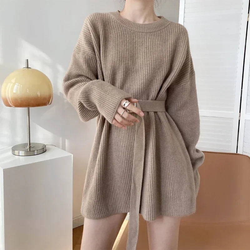 Women's Long Knit Sweater Dress - Oversized Winter Pullover with Belt, Korean Fashion, Thick O-Neck Design for Autumn & Winter | Perfect for Casual Outfits, Office Wear & Holiday Parties
