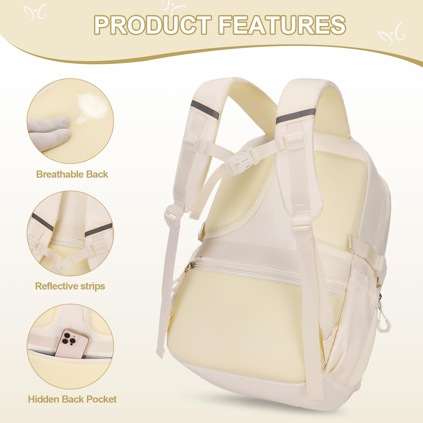 3PCS Girls Backpack Set for School - Cute Kids Backpack with Lunch Bag & Pencil Case, Durable Bookbag for Elementary Middle High College Students (White) - Perfect for School, Travel, and Daily Use