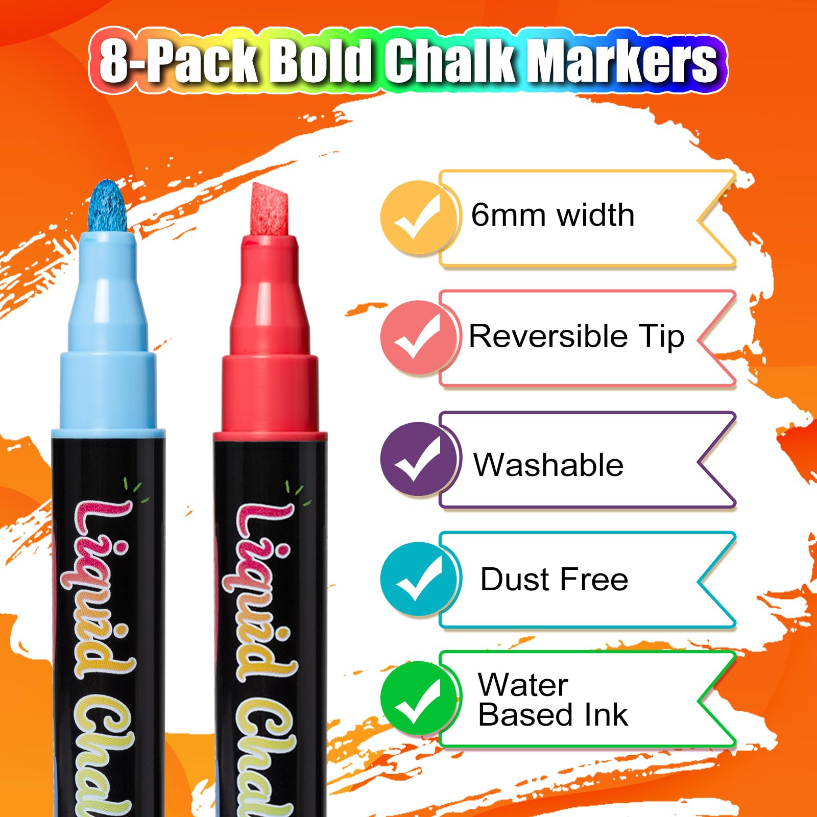 Vibrant Liquid Chalk Markers - 8 Pack Non-Toxic Water-Based Chalkboard Pens with 6mm Reversible Tip for Blackboard, Window, Glass & Mirror - Perfect for Restaurants, Classrooms, Retail Signs & DIY Home Decor