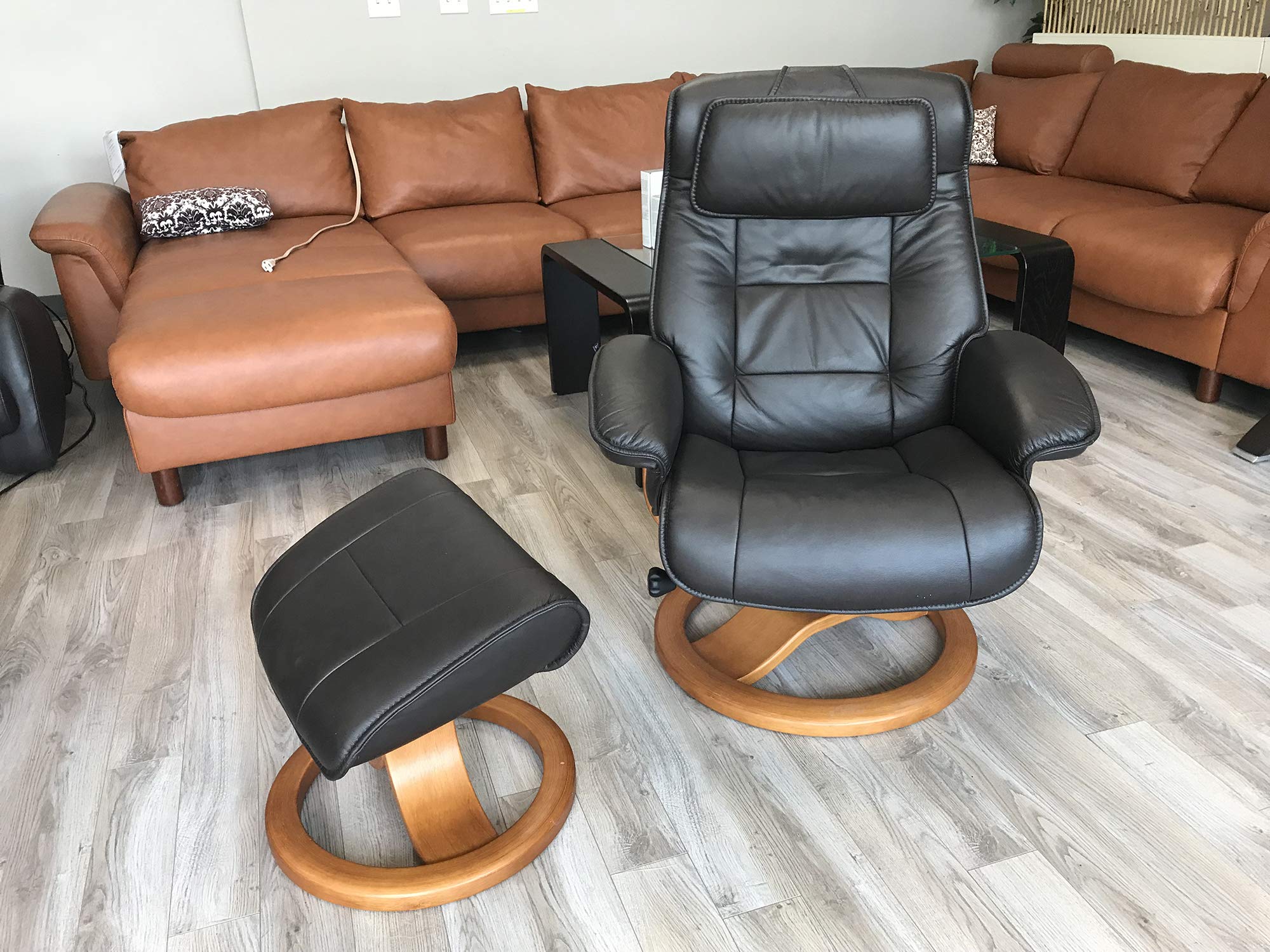 Premium Large Ergonomic Recliner Chair with Ottoman - Stone NL 130 Nordic Line Genuine Leather, Walnut Wood Base - Perfect for Living Room, Home Theater & Office Relaxation