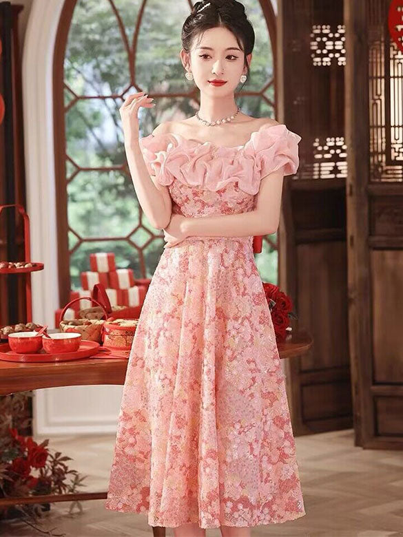 Elegant Pink Sequined Floral Ruffle Off Shoulder A-Line Prom Dress for Homecoming, Party & Special Occasions | Formal Evening Gown for Women & Teens
