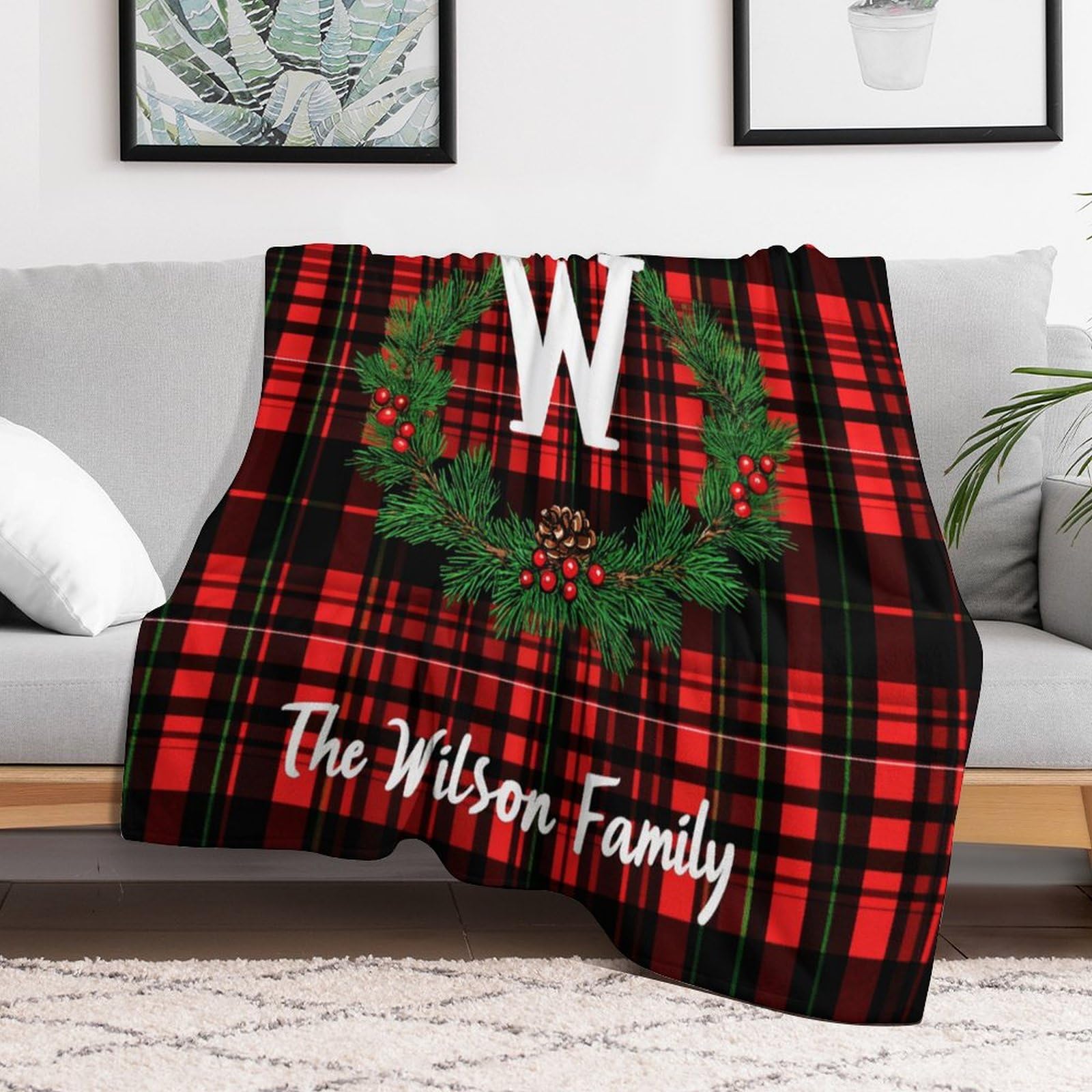 Personalized Family Name Christmas Wreath Blanket - Red Plaid Flannel Throw 40x50 Inches - Ultra Soft Cozy Blanket for Bed, Couch & Car - Perfect Holiday Gift for Women & Family - Great for Winter Snuggling, Home Decor & Christmas Presents