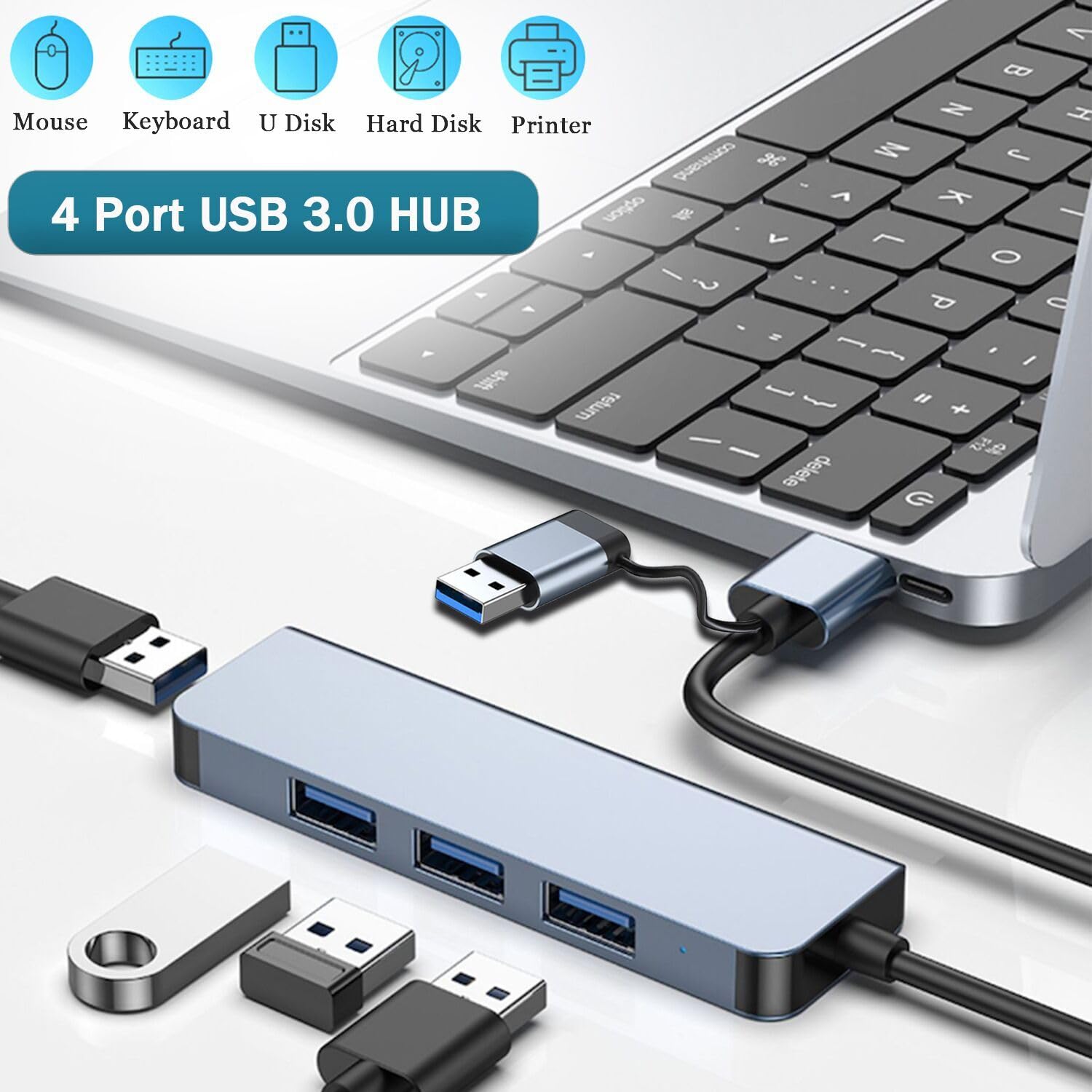 VIENON 4-Port USB 3.0 Hub with USB-C Adapter - High-Speed Data Transfer for MacBook, iMac, PS5, Surface Pro & More | Perfect for Home Office, Gaming & Multi-Device Charging