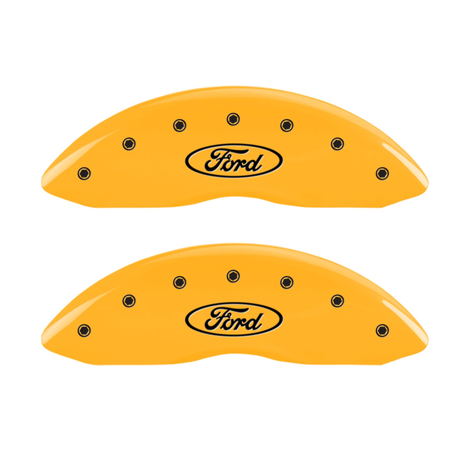 MGP Caliper Covers 10239SFRDYL - Set of 4 Yellow Powder Coated Brake Caliper Covers with Engraved Oval Ford Logo (Front & Rear) - Perfect for Ford Vehicle Customization & Car Enthusiast Upgrades