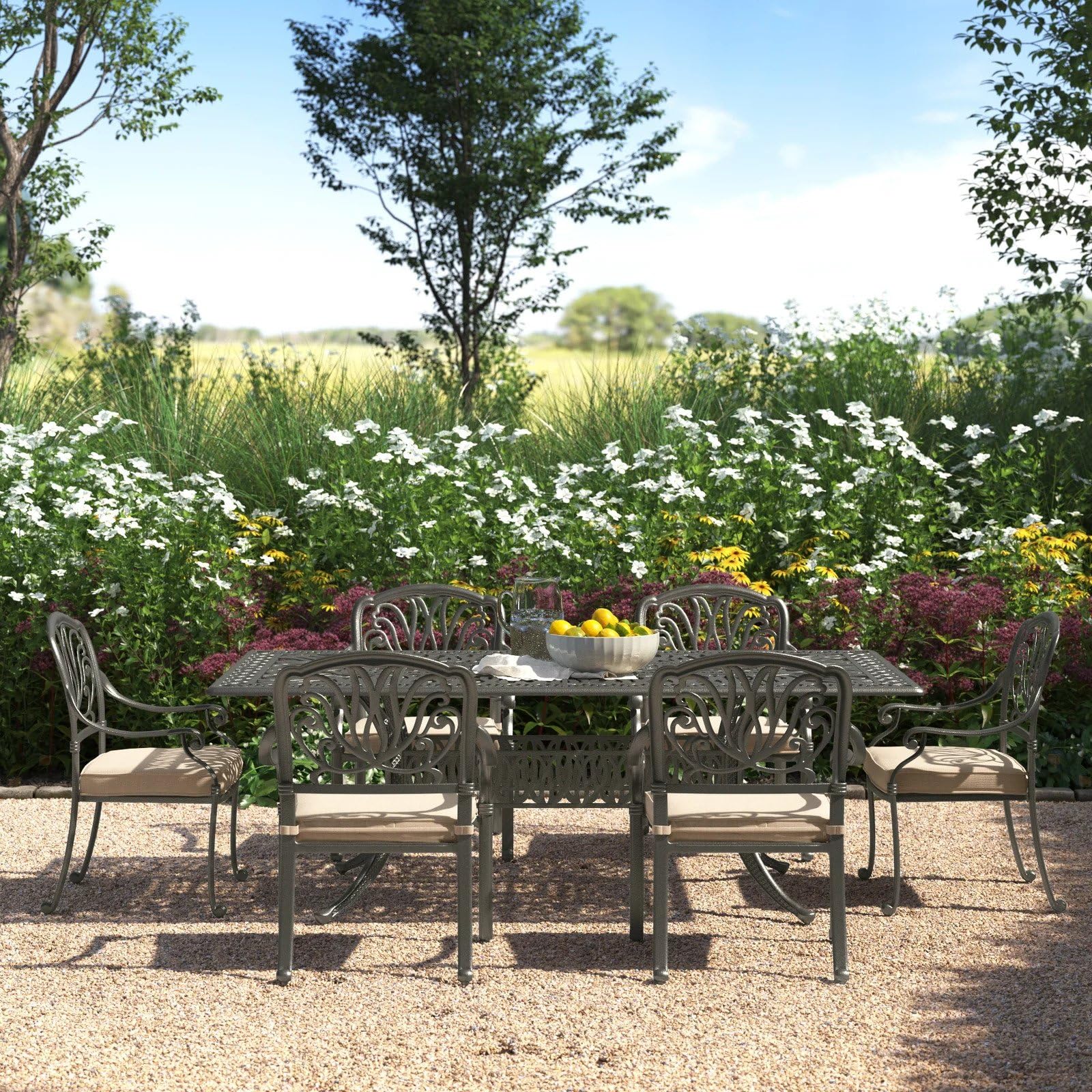 Athens Outdoor 7-Piece Aluminum Rectangular Dining Set - All-Weather Rust-Proof Patio Furniture with Cushioned Arm Chairs & Table (Beige) | Perfect for Backyard BBQs, Garden Parties & Outdoor Entertaining