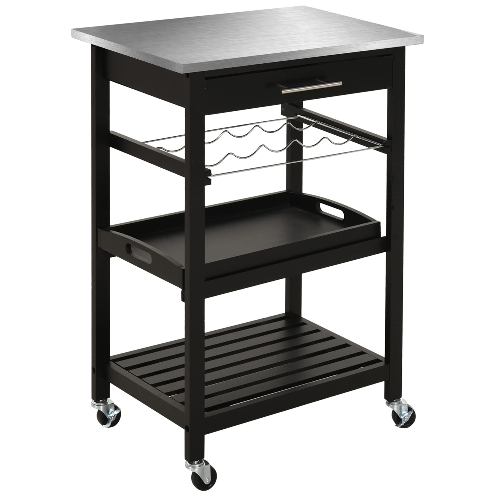 HOMCOM Kitchen Island Cart with Stainless Steel Tabletop, Wine Rack & Drawer - Rolling Utility Serving Trolley for Kitchen, Dining Room & Bar Use