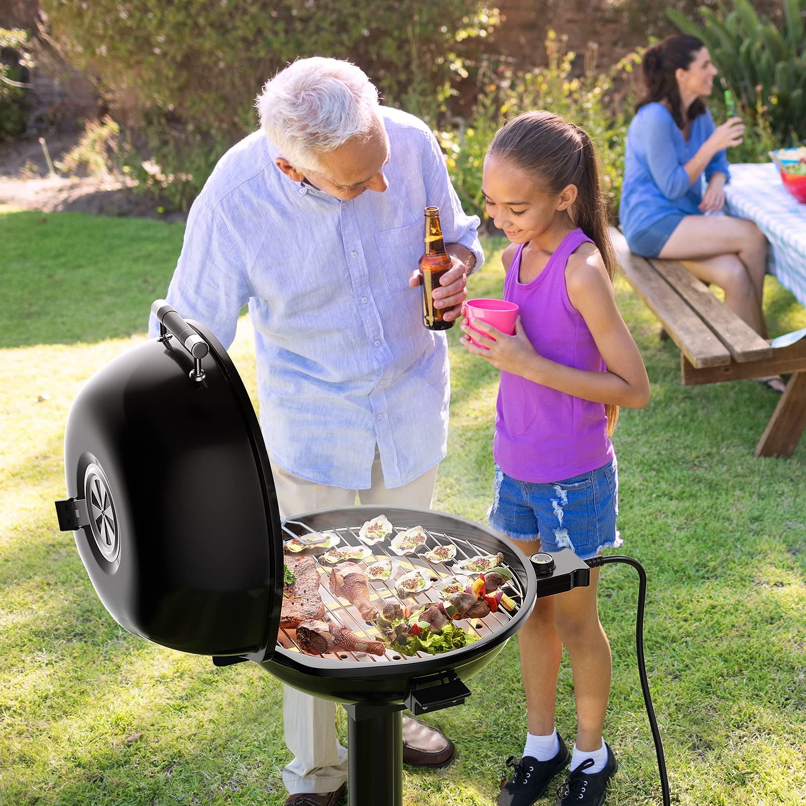 Giantex 1600W Electric Grill Indoor Outdoor - Portable BBQ Grill with Adjustable Temperature, Non-Stick Removable Grilling Rack & Oil Drip Tray - Perfect for Picnic, Camping, Backyard, Tailgating & Home Cooking (Black)