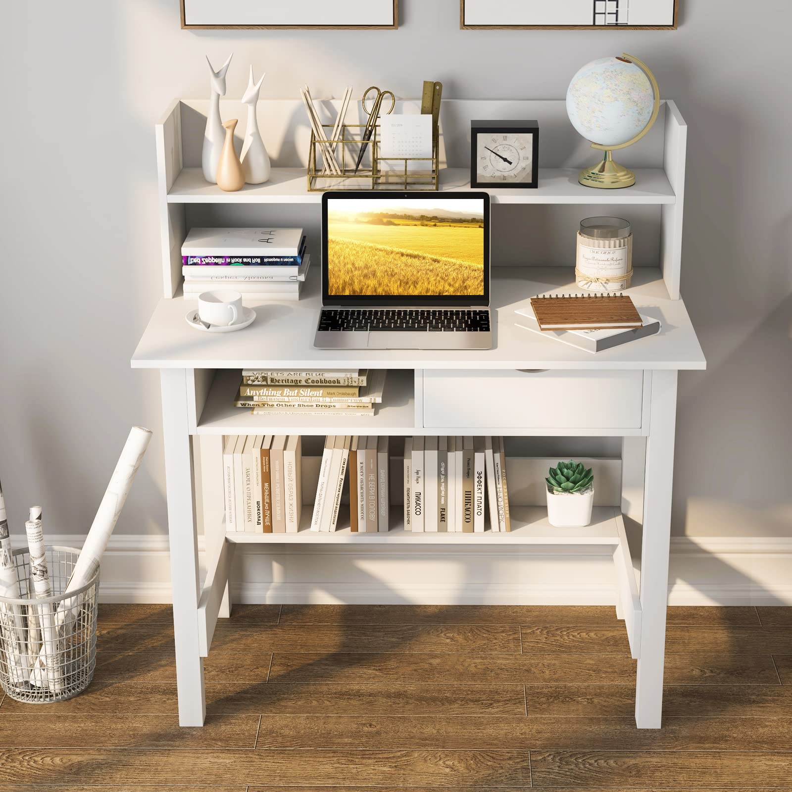 Tangkula White Desk with Hutch - Modern Home Office Writing Study Desk with Storage Bookshelf & Drawer, Makeup Vanity Desk for Bedroom, PC Laptop Computer Desk for Working & Studying - Perfect for Small Spaces, Dorm Rooms & Home Offices