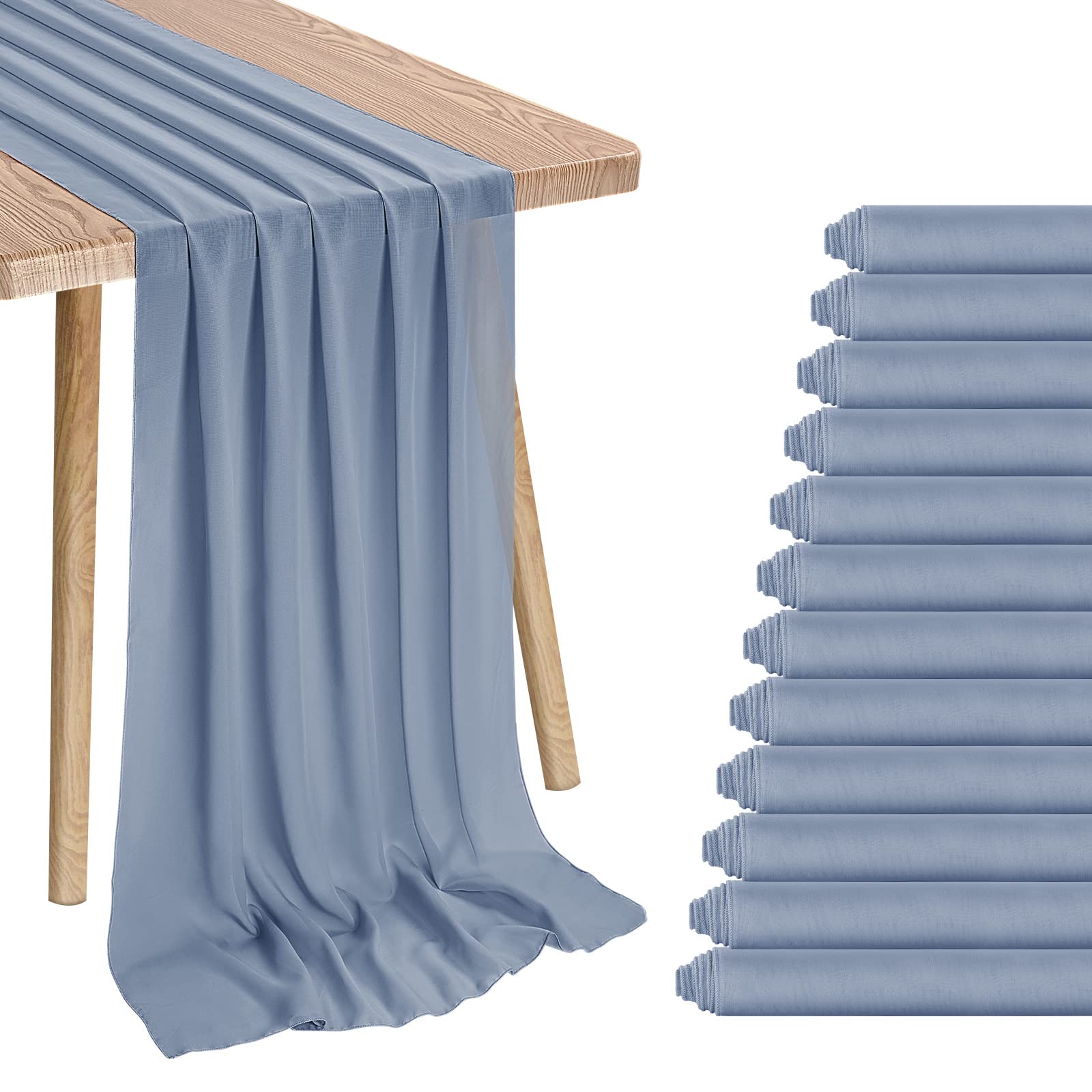 12 Pcs 10Ft Chiffon Table Runner, 28x120 Inches Dusty Blue Romantic Sheer Gauze Table Runners for Wedding, Bridal Shower, Baby Shower, Birthday Party, Cake Table Decor - Elegant & Lightweight for Indoor & Outdoor Events