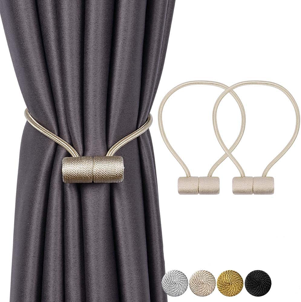 Strong Magnetic Curtain Tiebacks - 2 Pack Beige Decorative Rope Holdbacks for Window Draperies | Heavy Duty Weave Holder to Keep Curtains Tied Back | Perfect for Living Room, Bedroom & Home Decor