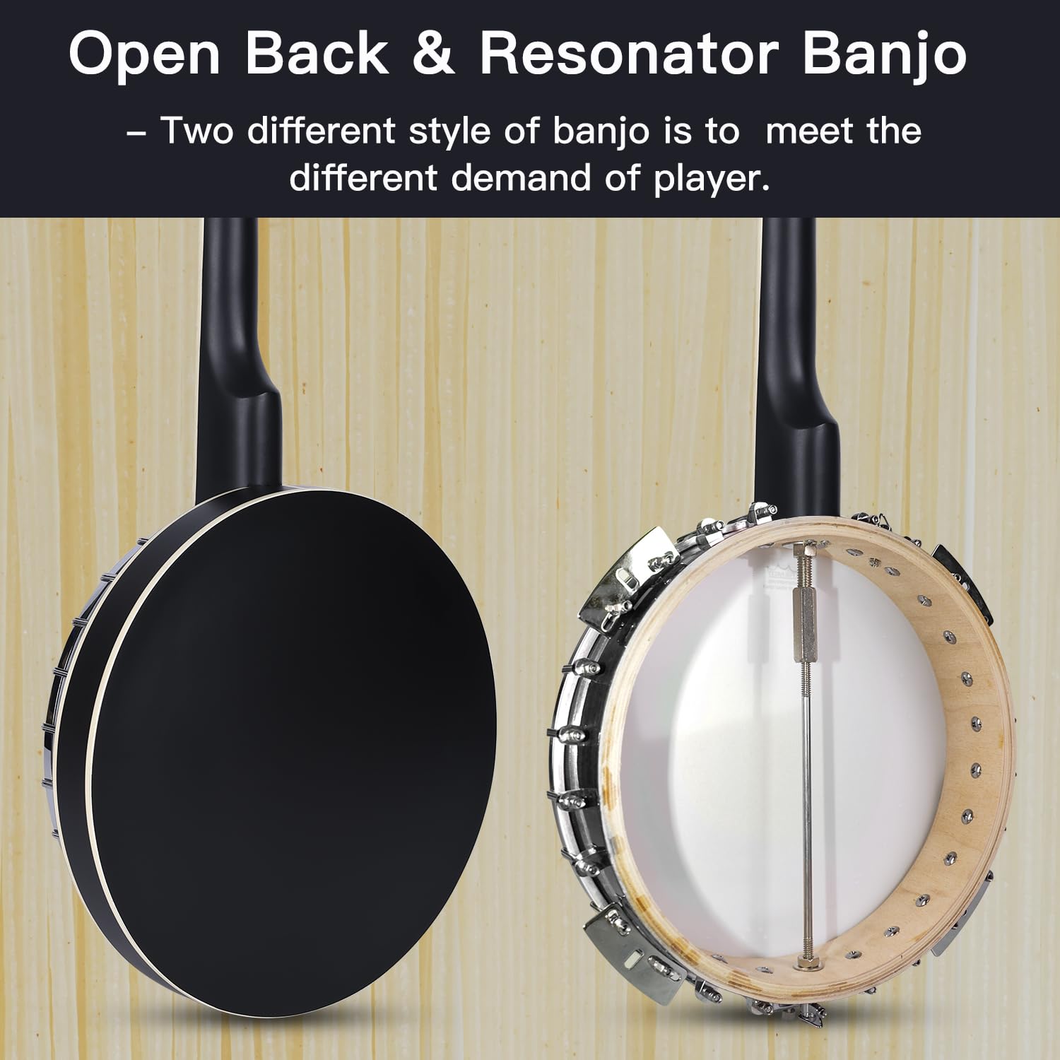 ADM 5-String Full Size Banjo Kit - 38 Inch Beginner Banjo with Resonator, Remo Drum Head (Open/Closed Back) | Free Lessons & Starter Accessories | Ideal for Adults & Teenagers | Perfect for Bluegrass, Folk Music & Beginners | Black