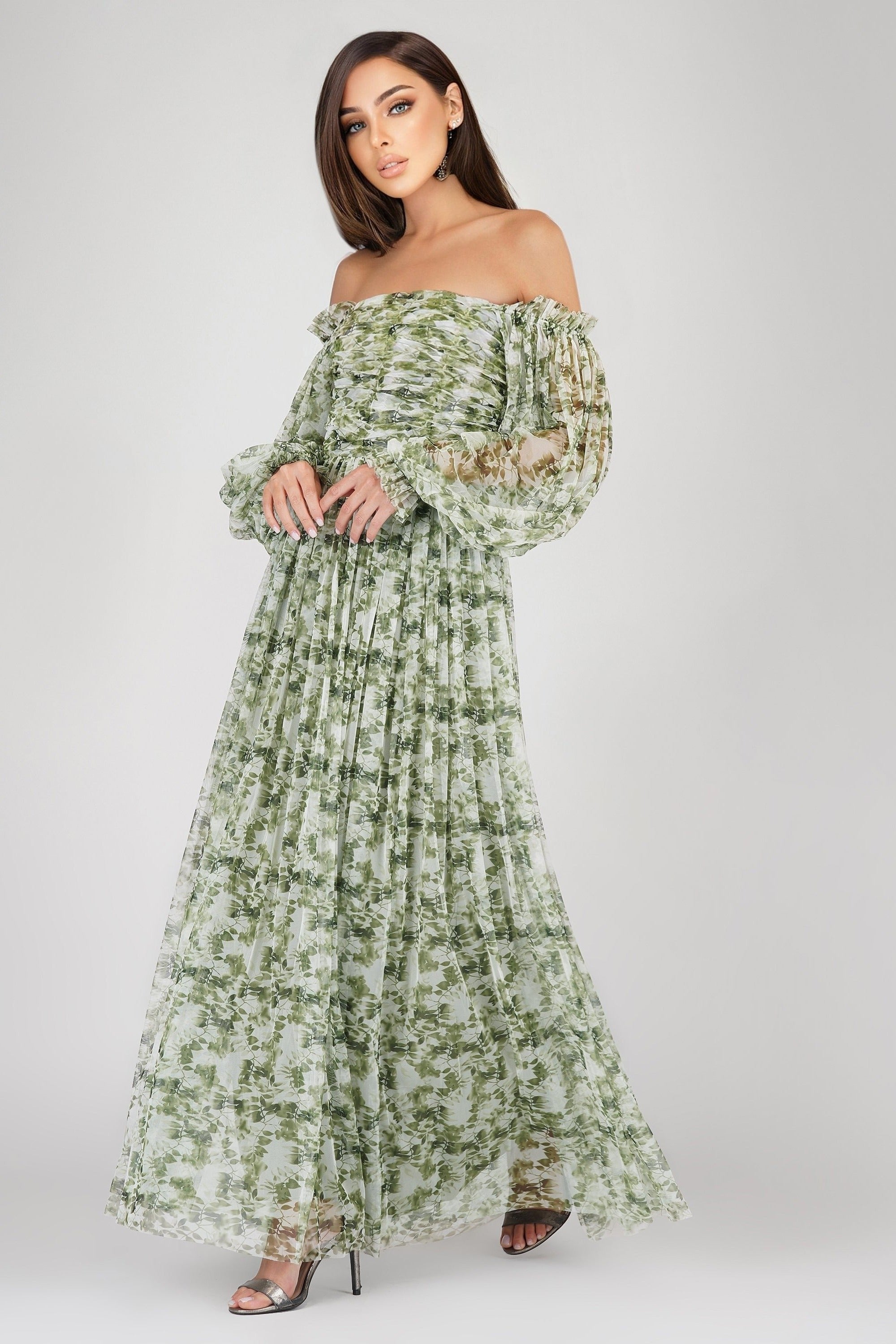 Lana Green Floral Printed Tulle Dress for Women - Elegant Party Gown for Weddings, Prom, Evening Events & Special Occasions