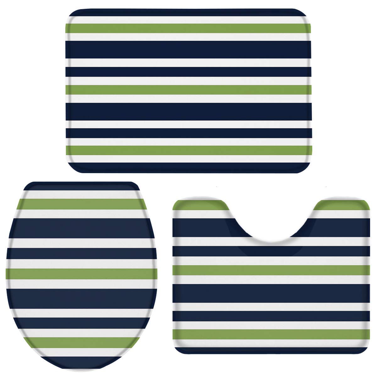 Luxury Memory Foam Bathroom Rugs Set of 3 - Non-Slip Absorbent Bath Mat, Toilet Lid Cover & Contour Mat - Navy Blue, Lime Green & White Stripe - Soft Cushioned for Bathroom Safety & Comfort - Perfect for Master Bath, Guest Bath & Kids Bathroom