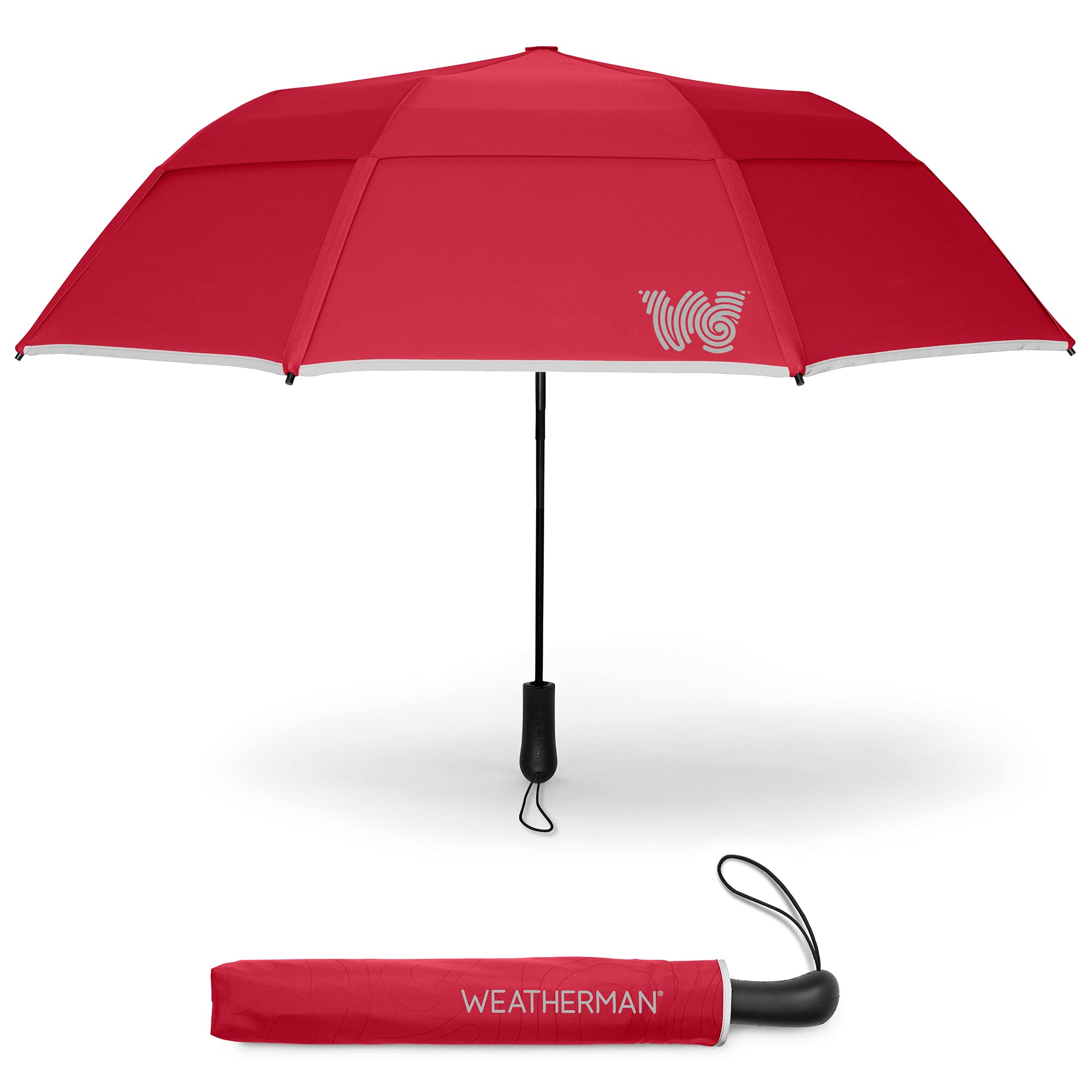 **Weatherproof Travel Umbrella - Compact, Windproof & Auto Open (Resists 55 MPH Winds) - Strong Fiberglass Frame - Perfect for Rain, Wind, Backpacking, Car & Daily Commute - Foldable & Portable (Red)**