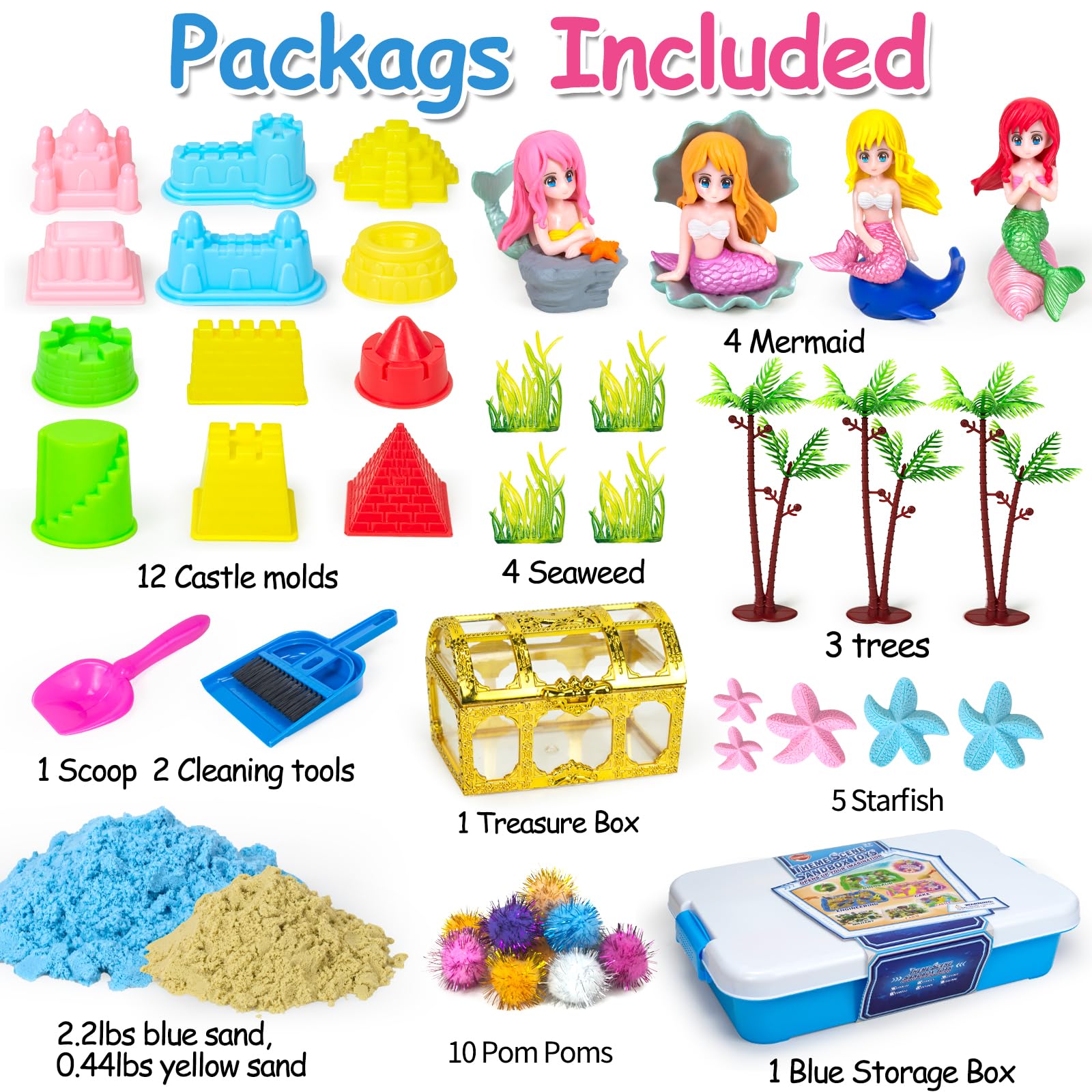 Mermaid Sensory Bin Sandbox Toys for Toddlers & Kids - 2.2 lbs Play Sand Kit with Castle Mold, Mermaid Toys for Girls - Perfect Christmas Birthday Gift for Toddler Girls (Great for Sensory Play, Beach Themed Parties & Preschool Learning Activities)