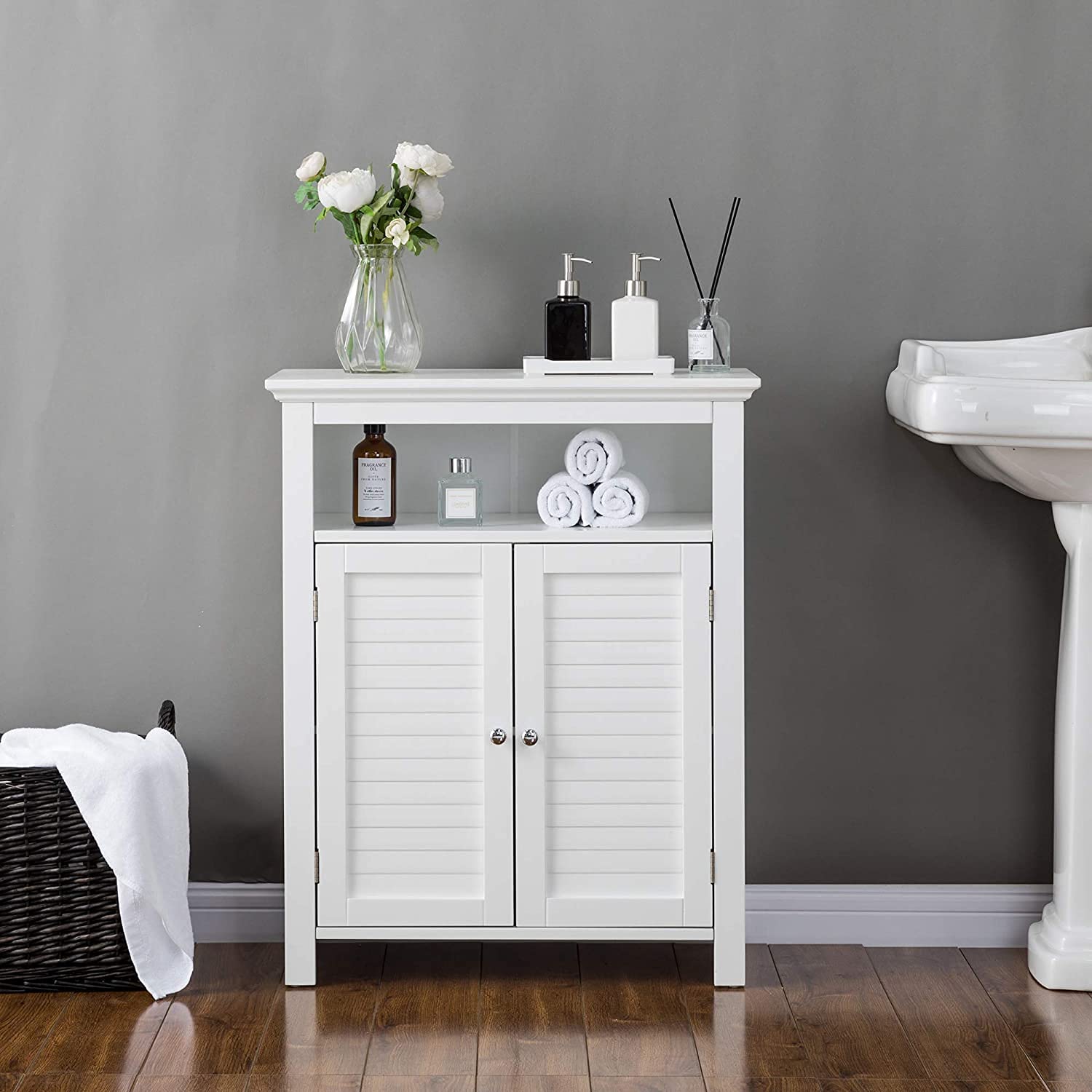 Glitzhome 32 Inch White Bathroom Storage Cabinet with 2 Shutter Doors & Adjustable Shelf - Freestanding Floor Organizer for Towels, Toiletries & Bathroom Essentials - Perfect for Small Bathrooms, Laundry Rooms & Home Organization